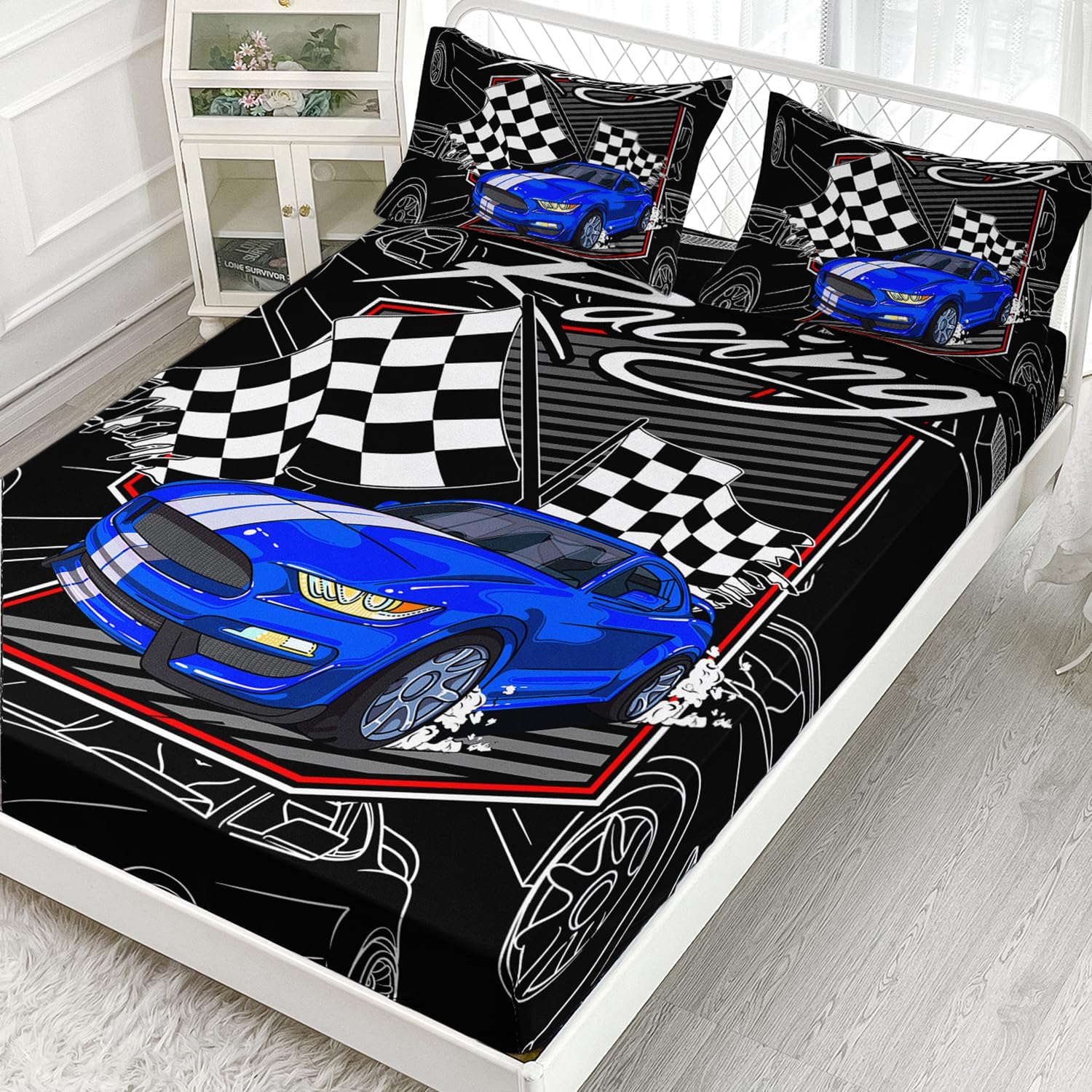 AILONEN Blue Racing Car – Juego de sábanas bajeras para niños y adolescentes, tamaño individual, 3 piezas, 1 sábana bajera ajustable y 2 fundas de