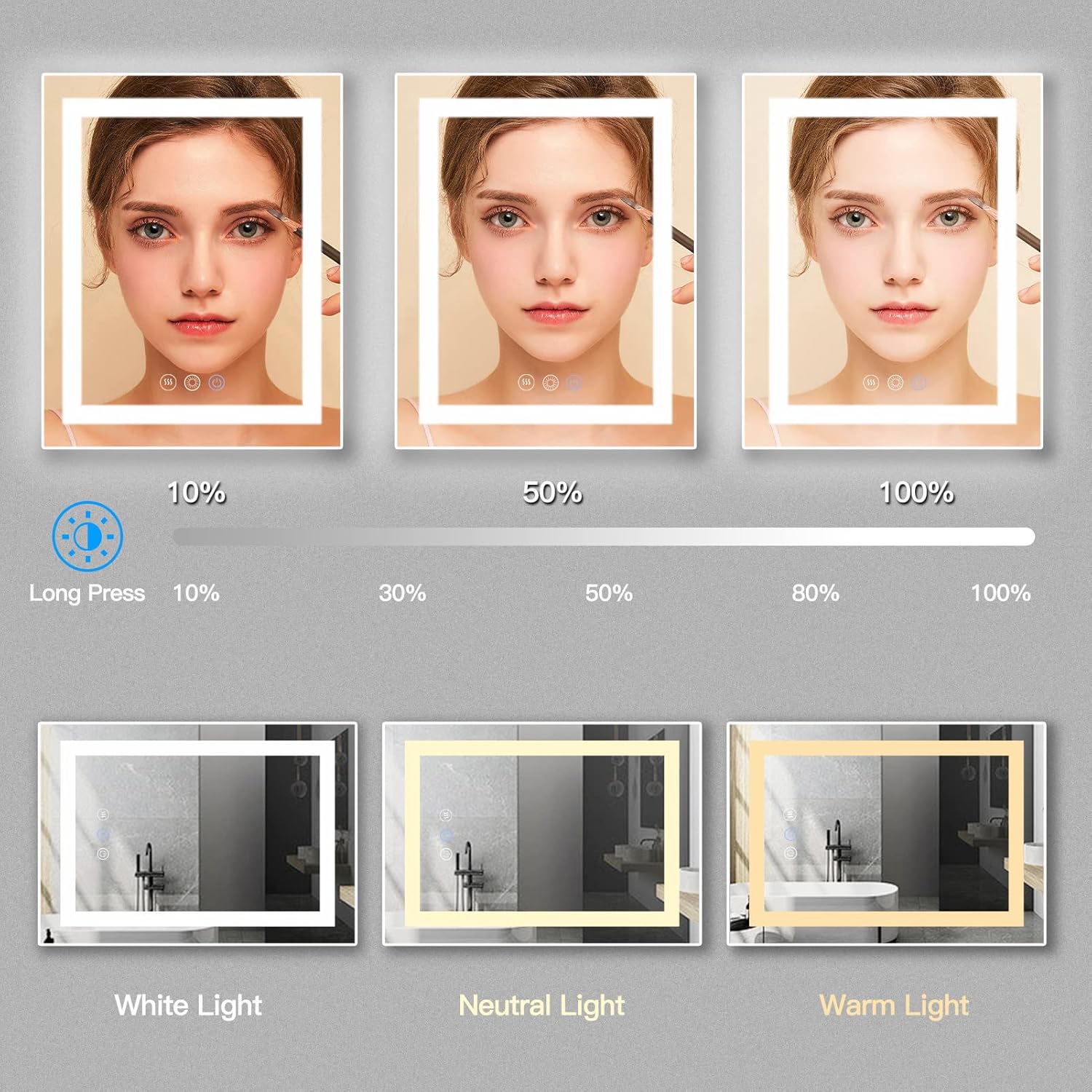 Espejo LED de baño con luces LED de 24 x 30 pulgadas con luz ajustable, antiniebla, a prueba de roturas, memoria, 3 colores, IP45 impermeable, con