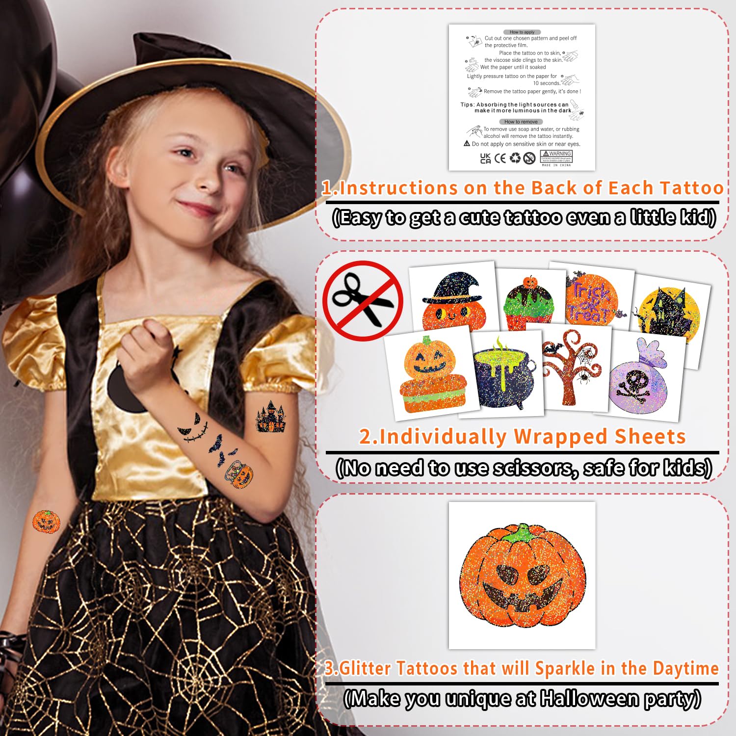Partywind 204 tatuajes de Halloween con purpurina para golosinas infantiles, suministros de decoración de fiesta de Halloween para niños y niñas,