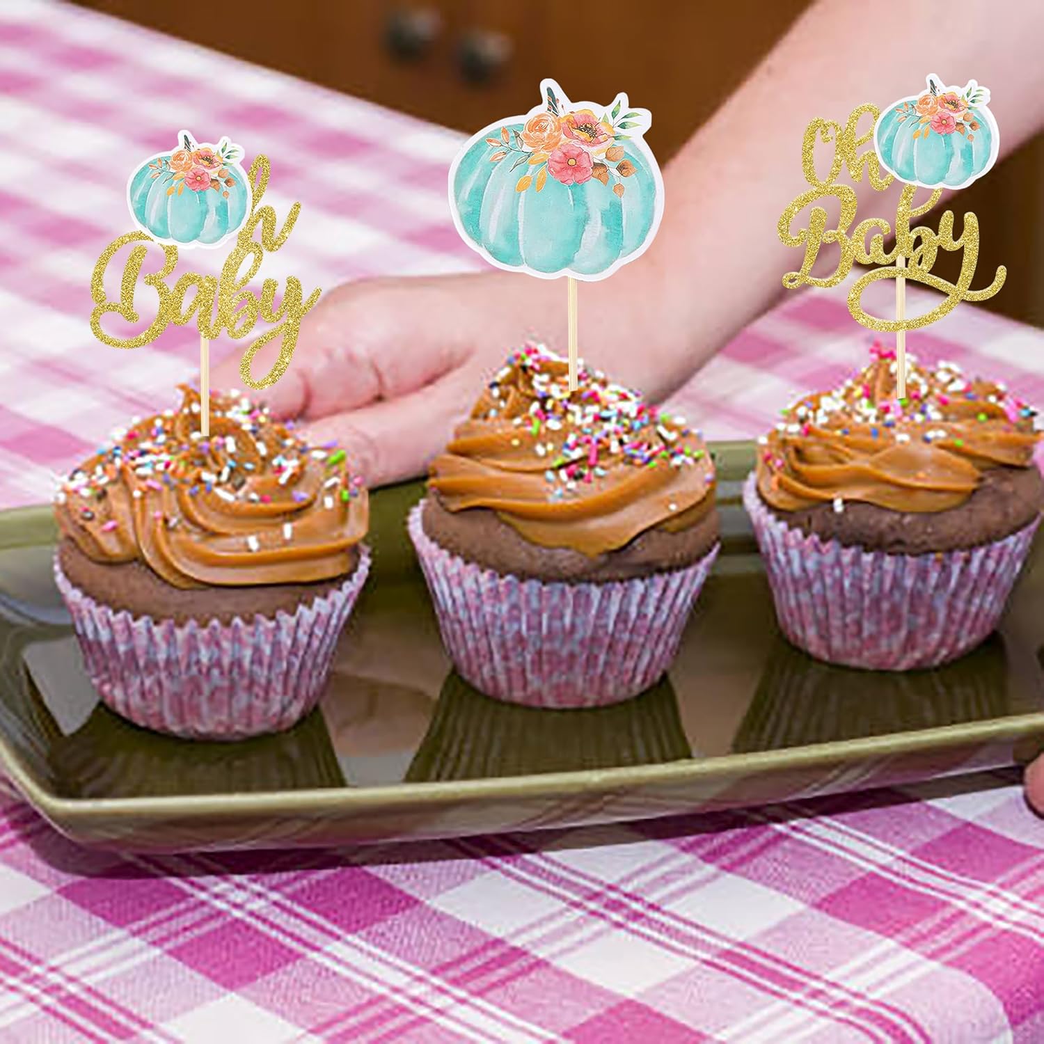Paquete de 24 adornos para cupcakes de calabaza Oh Baby Baby Reveal de género para baby shower, decoración de cupcakes para calabaza, tema de otoño,
