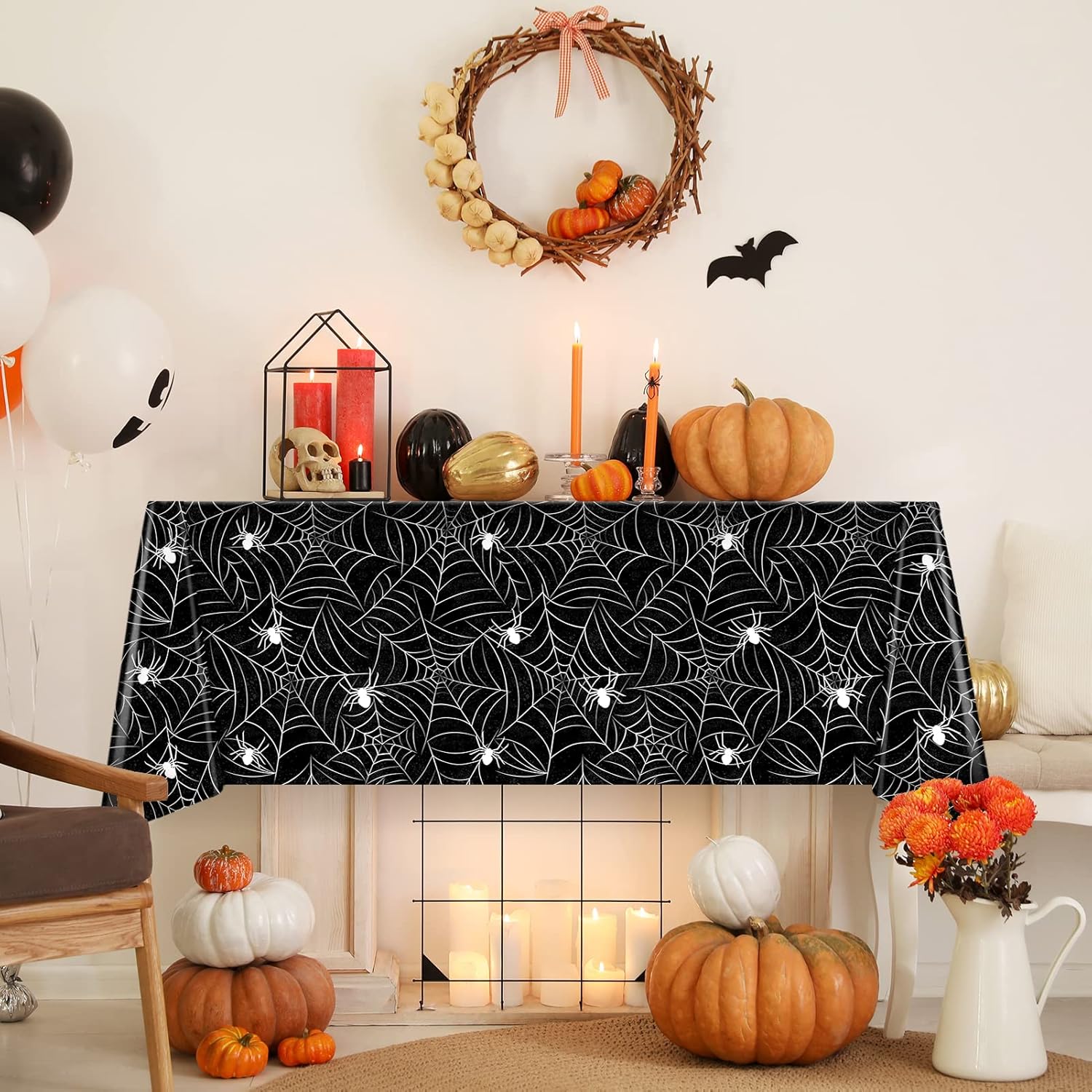 Paquete de 3 manteles rectangulares de tela de araña de Halloween, manteles de plástico de gran tamaño para decoración del hogar, decoraciones de