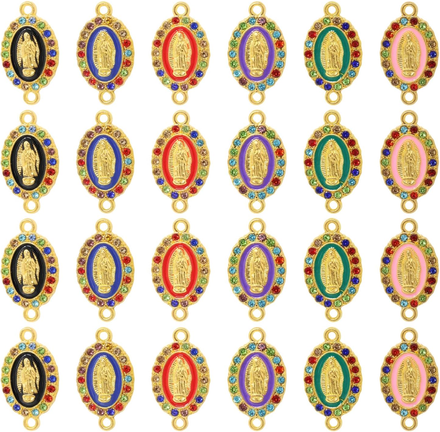 Honbay 24 dijes esmaltados de la Virgen María, diamantes de imitación religiosos para aretes, pulseras, collares, joyería (6 colores), aleación