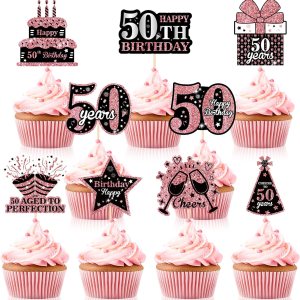 36 piezas de decoración para tartas de cumpleaños número 50, color oro rosa y negro, decoración para cupcakes de 50 años, 50 fabulosas selecciones 36 piezas de decoración para tartas de cumpleaños número 50, color oro rosa y negro, decoración para cupcakes de 50 años, 50 fabulosas selecciones
