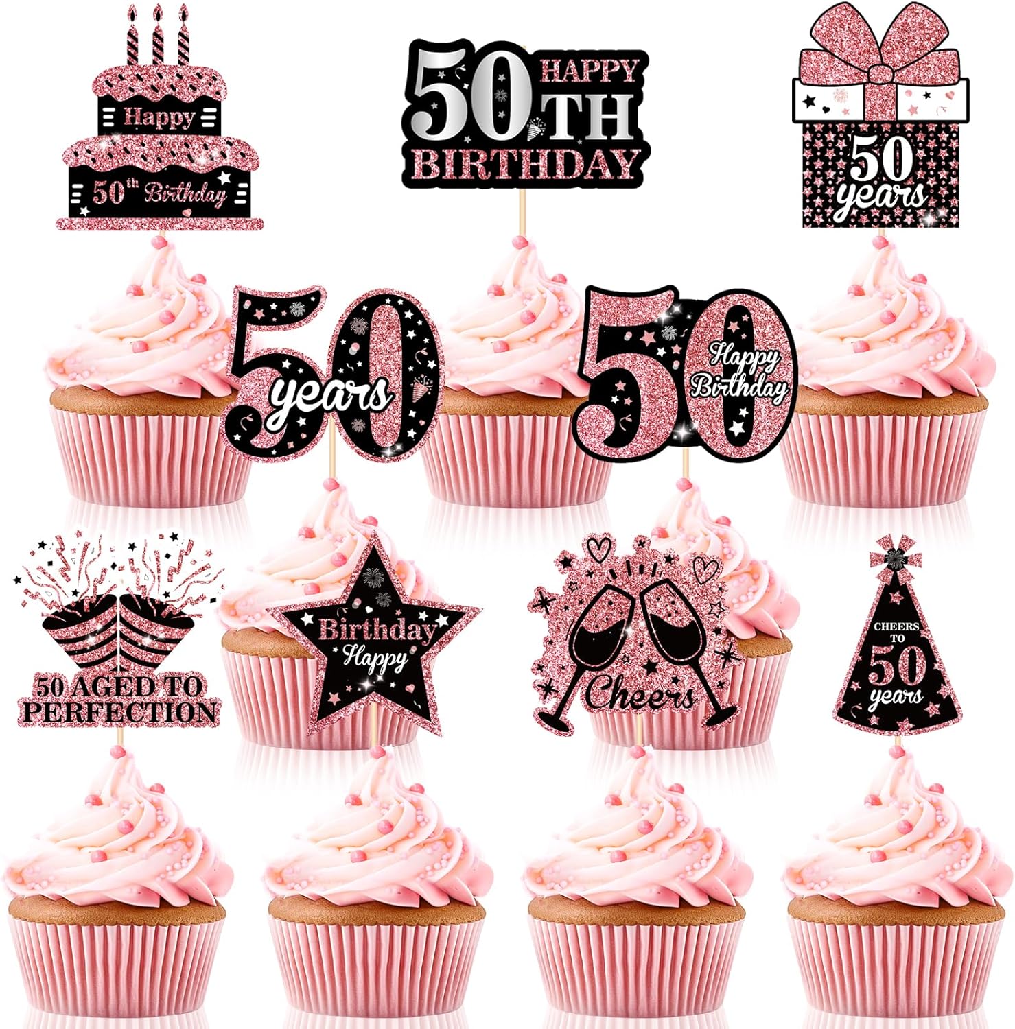36 piezas de decoración para tartas de cumpleaños número 50, color oro rosa y negro, decoración para cupcakes de 50 años, 50 fabulosas selecciones