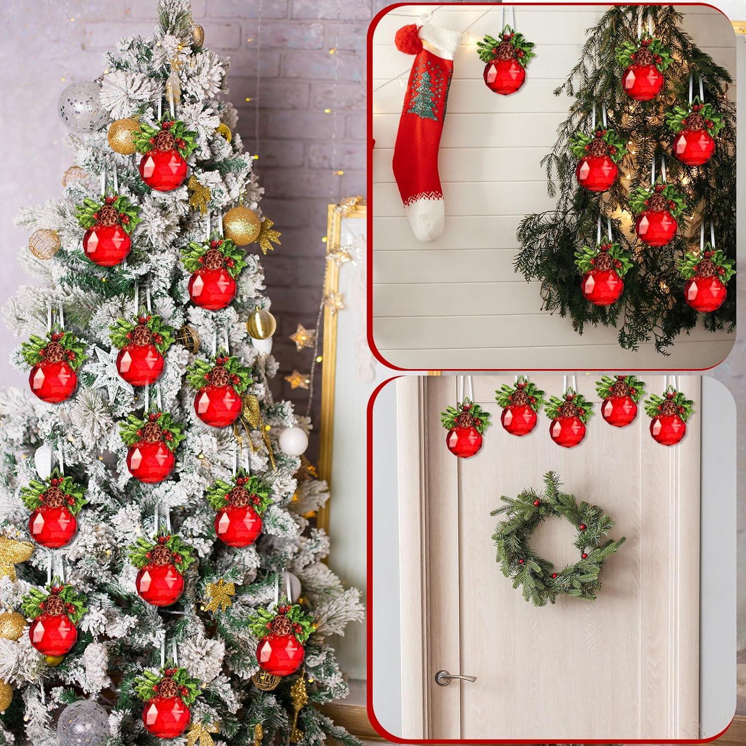 Yuxung 6 piezas de adornos de Navidad de cristal de muérdago de 3 pulgadas, joya roja, boda, Navidad, bola de besos de acrílico, adorno colgante de