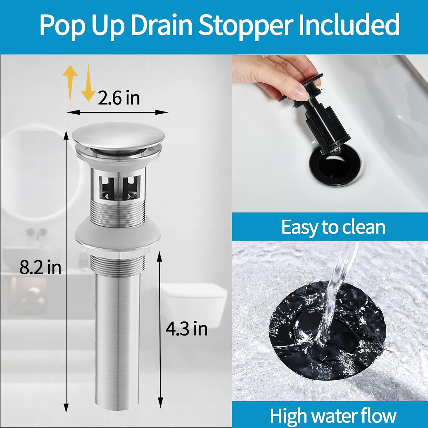 FOUTLQ Grifo de baño tipo cascada de níquel cepillado de una sola manija, grifo de lavabo de baño de 1 o 3 agujeros con drenaje desplegable,