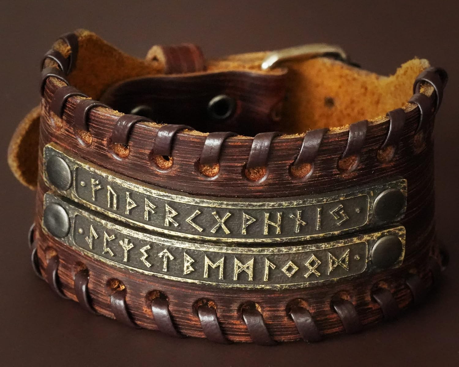 Baldur Jewelry Genuine Leather Bracelet With Viking Rune Futhark Metal Plates For Men Women, Adjustable Wrap, Ethnic Tribal Braided Bracelet