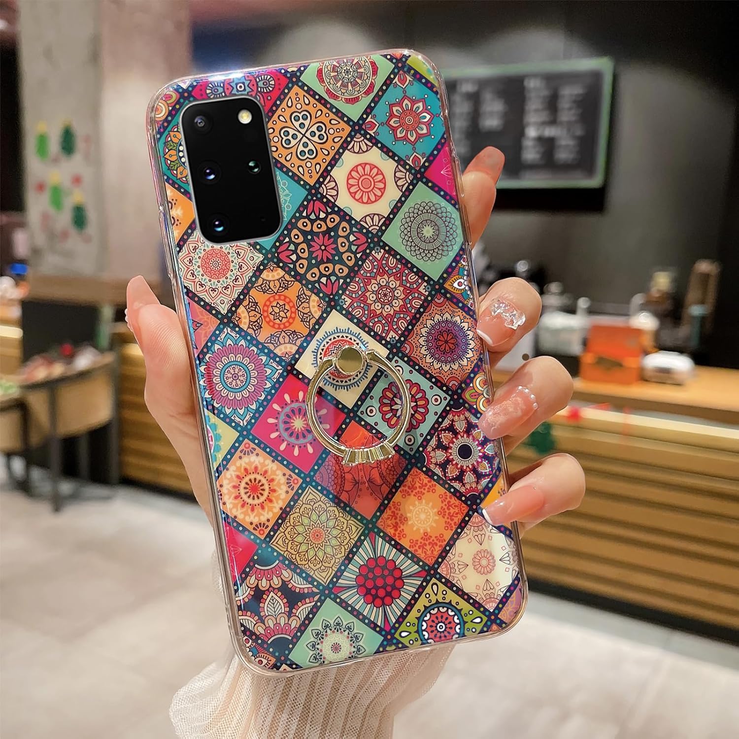 Funda para teléfono Samsung Galaxy S20 Plus con soporte de anillo dorado para niñas y mujeres, linda flor étnica, estilo retro, floral, delgada, a