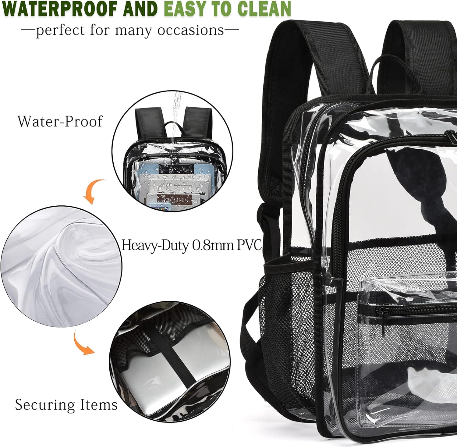 Clear Backpack,Clear Backpacks for School Heavy Duty See Through Bookbag Waterproof Backpack for Men Women,Clear Black