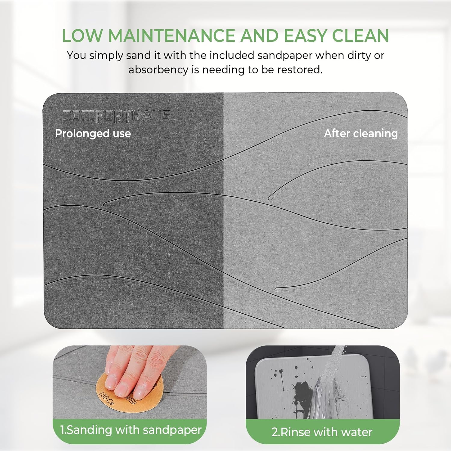 ComfortHaus Tapete de baño de piedra, piedra de tierra de diatomeas para baño, tapete de baño de secado rápido, antideslizante, súper absorbente,