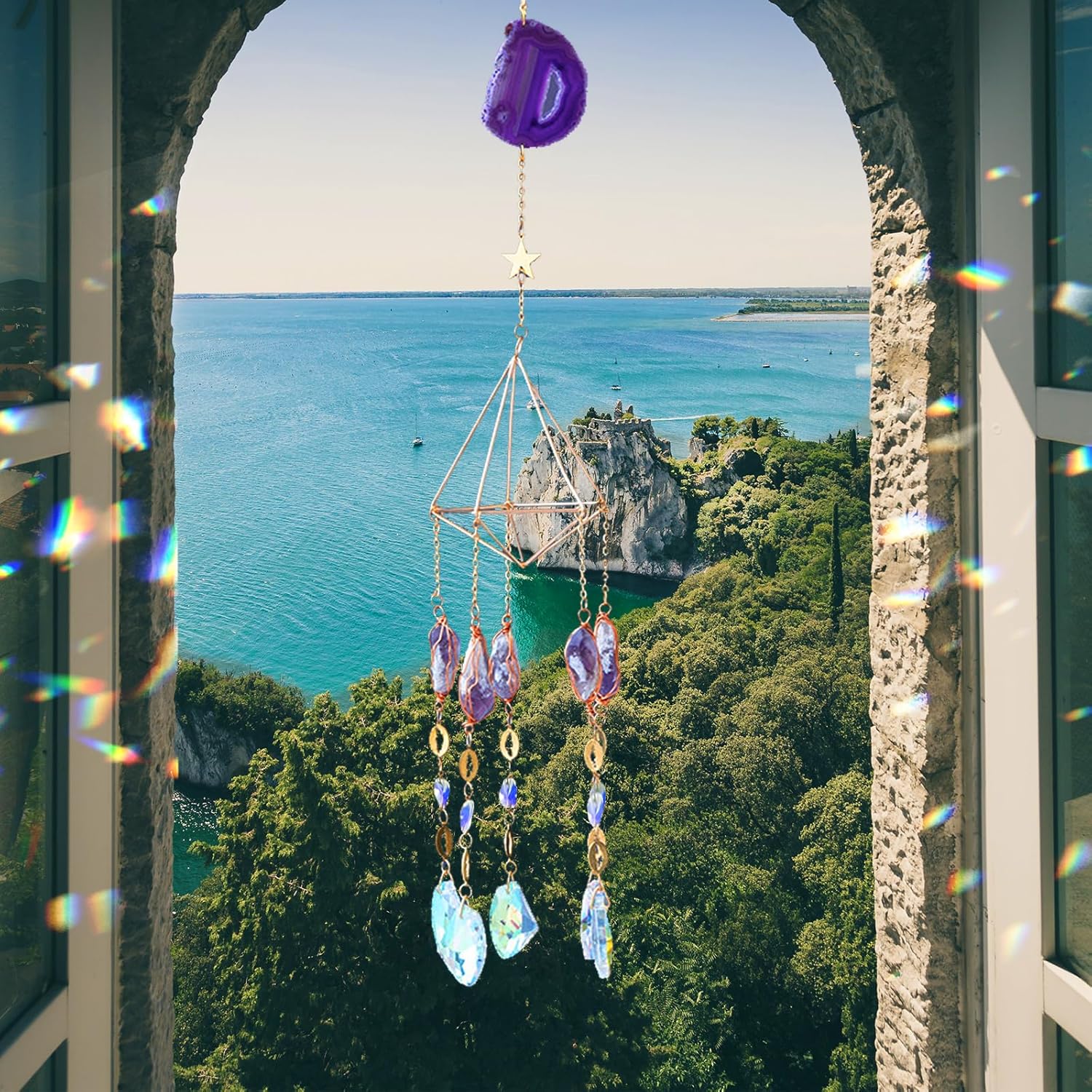 Atrapasoles para ventana interior  Decoración colgante de cristal de ágata en rodajas para ventana, colgante de cristal de amatista curativa, prisma