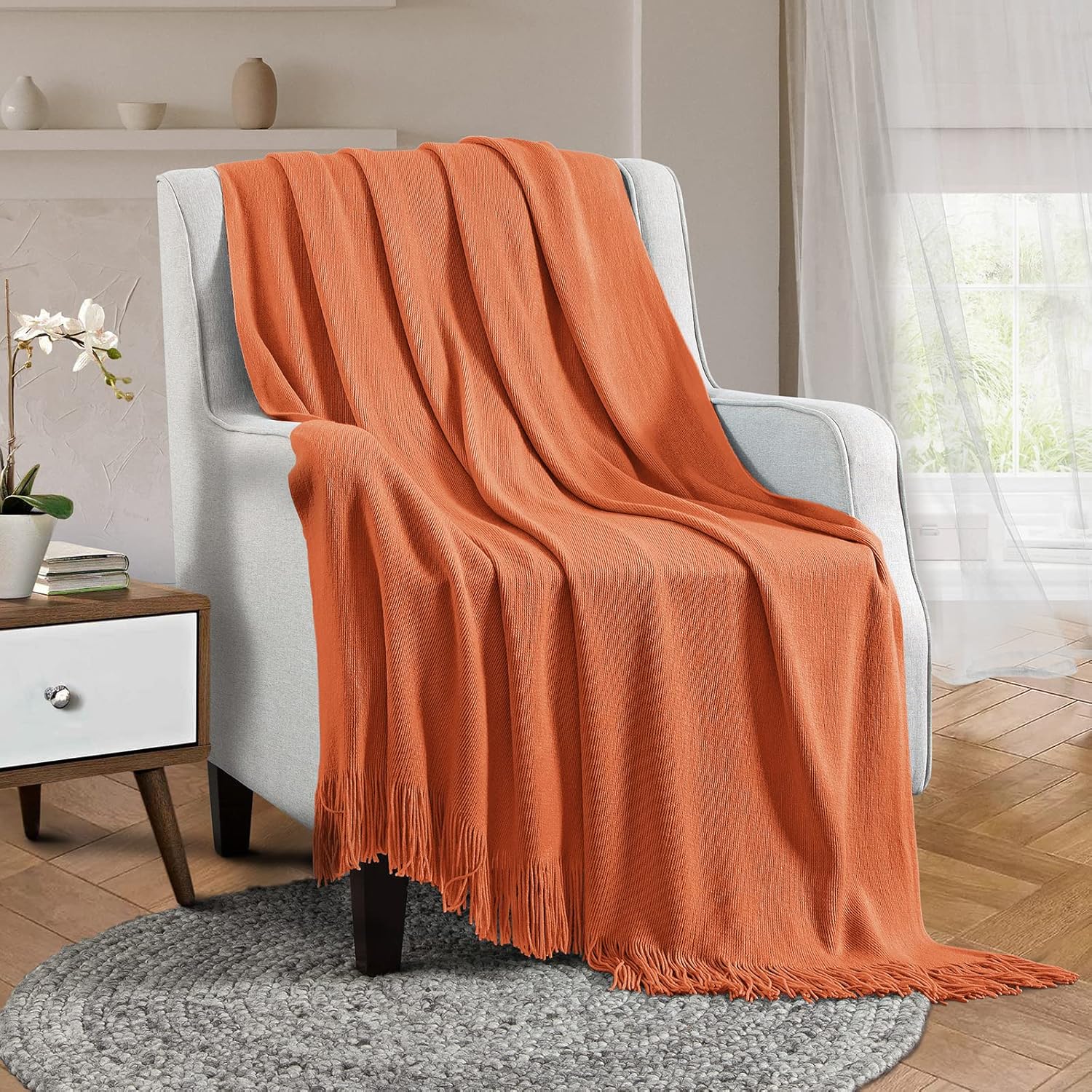 Vonty Manta de punto naranja óxido con borlas y flecos, 50 x 60 pulgadas, manta de punto súper suave, manta ligera decorativa de granja para sofá,