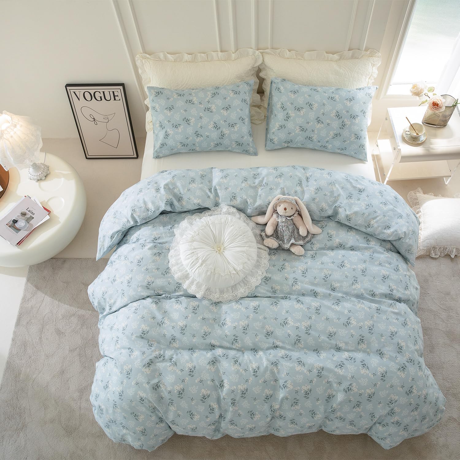 Juego de fundas de edredón tamaño Queen floral, 100% algodón, elegante juego de ropa de cama de flores tamaño Queen, 3 piezas, estilo jardín, azul y