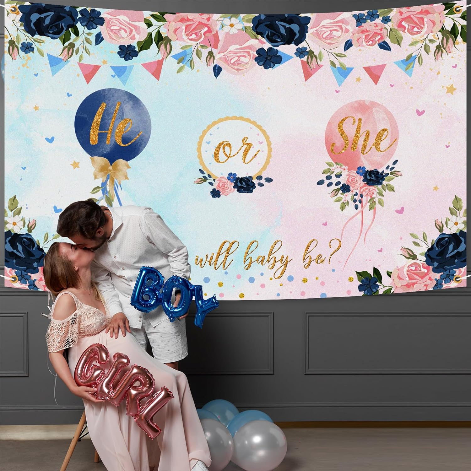 Cartel de fondo de revelación de género con texto en inglés “He or She Gender Reveal What Will Baby Be Gender Reveal”, suministros de decoración de