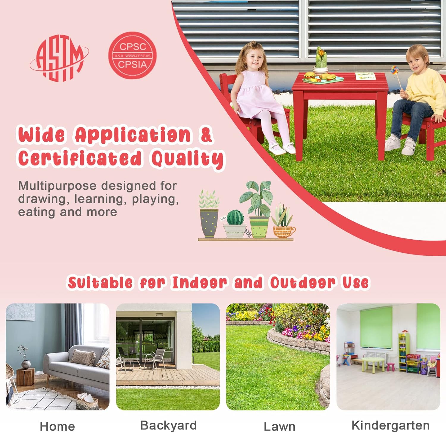 Costzon Juego de mesa y silla para niños, mesa de actividades de 3 piezas para todo tipo de clima para interiores y exteriores, juego de muebles