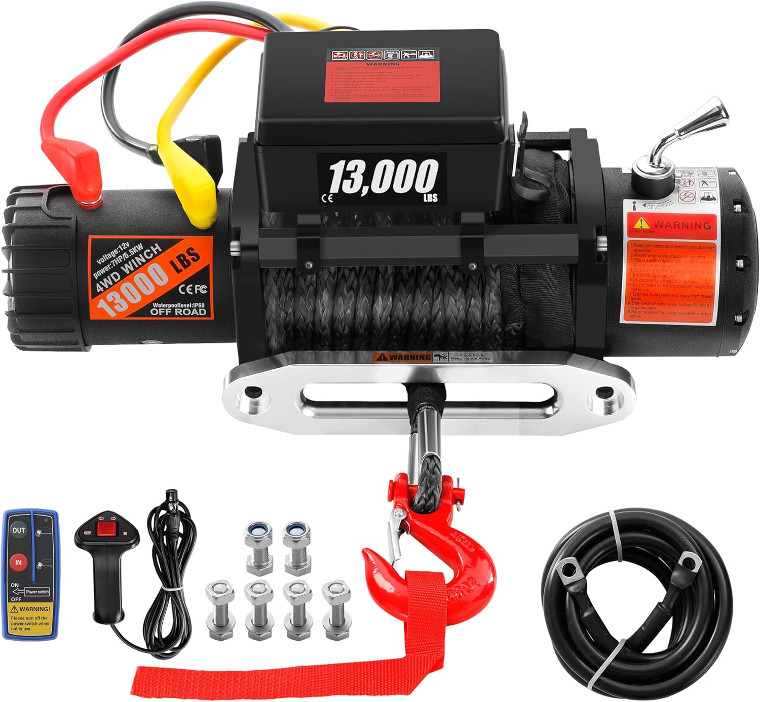 Rengue Cabrestante eléctrico, 13000 libras con cuerda sintética de 65 pies, cabrestante de potencia de 12 V con control remoto inalámbrico IP67 ATV