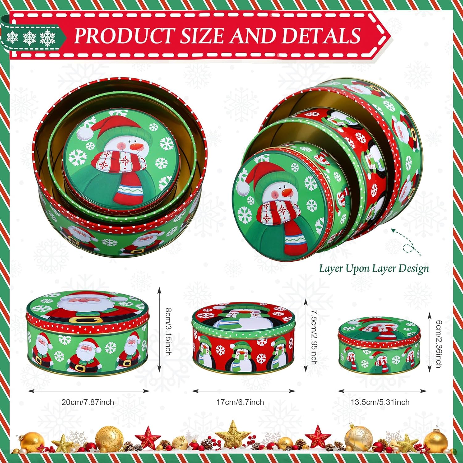 Blulu 3 latas de galletas de Navidad con tapas para regalar, recipientes de lata con tapas, latas de galletas festivas grandes, medianas y pequeñas,