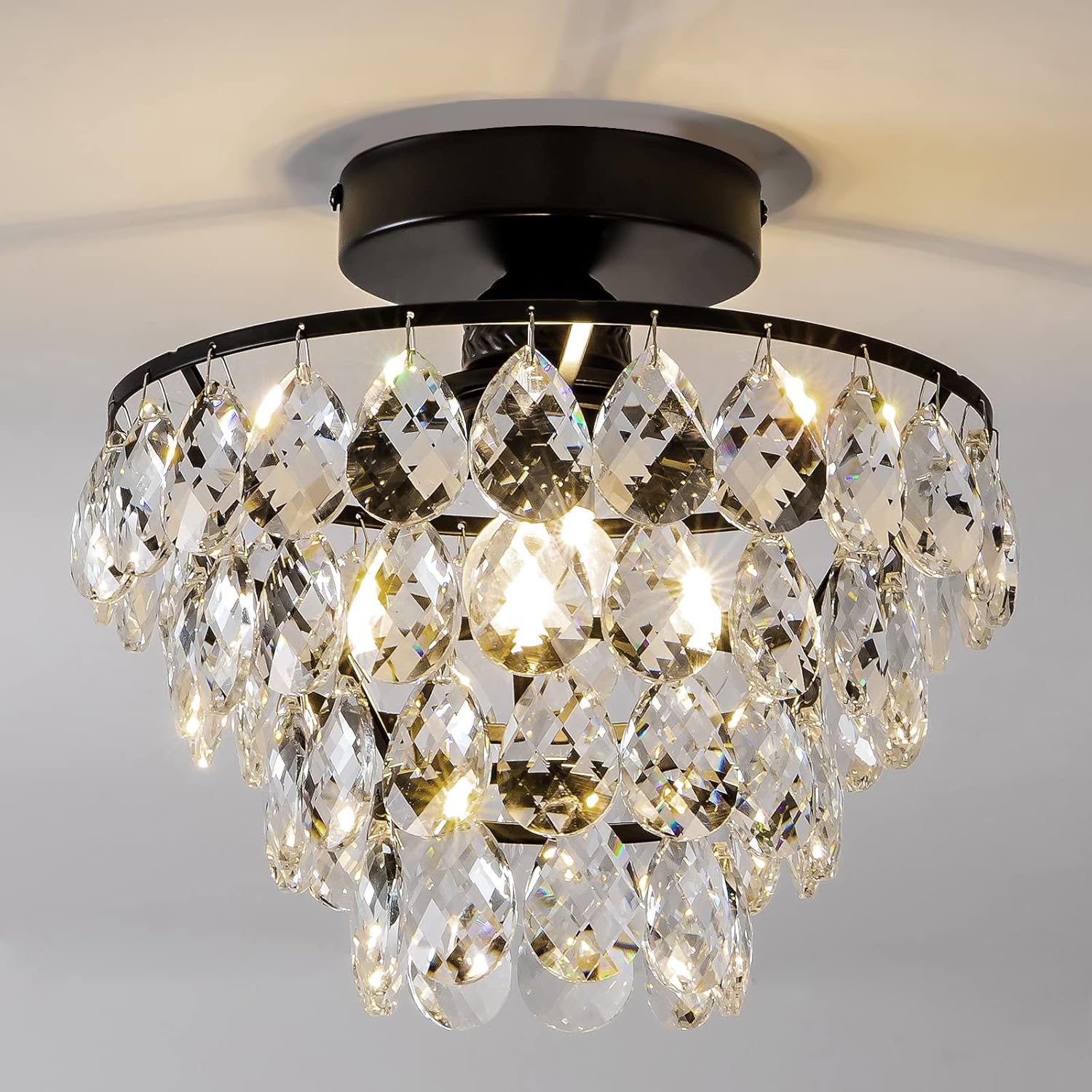 Lámpara de techo moderna de cristal pequeña, lámpara de techo semiempotrada color negro mate, mini candelabros de cristal para pasillo, dormitorio,