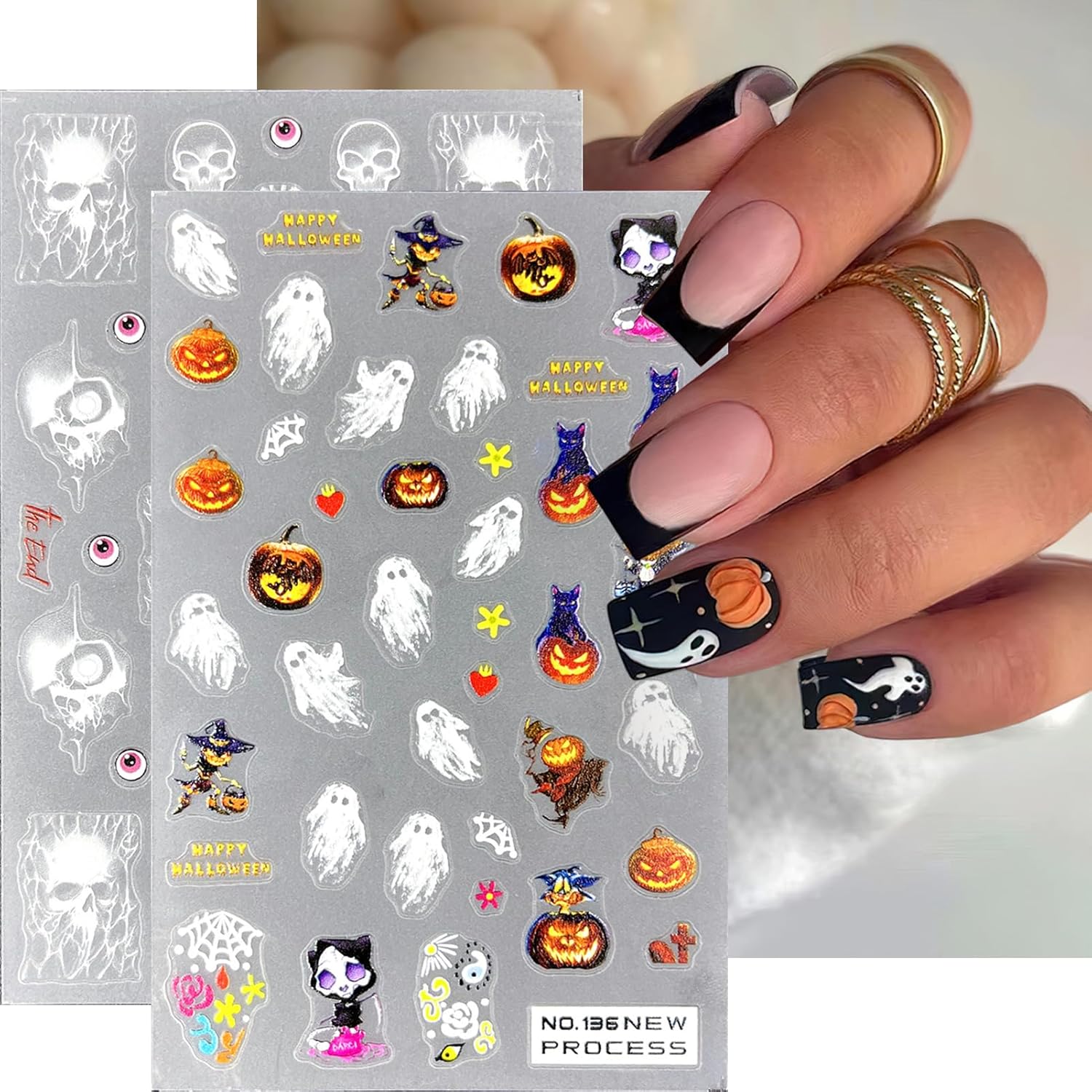 Calcomanías para uñas de Halloween, diseño de calabaza, fantasma, 3D, autoadhesivas, lindas telarañas espeluznantes, suministros de uñas con boca