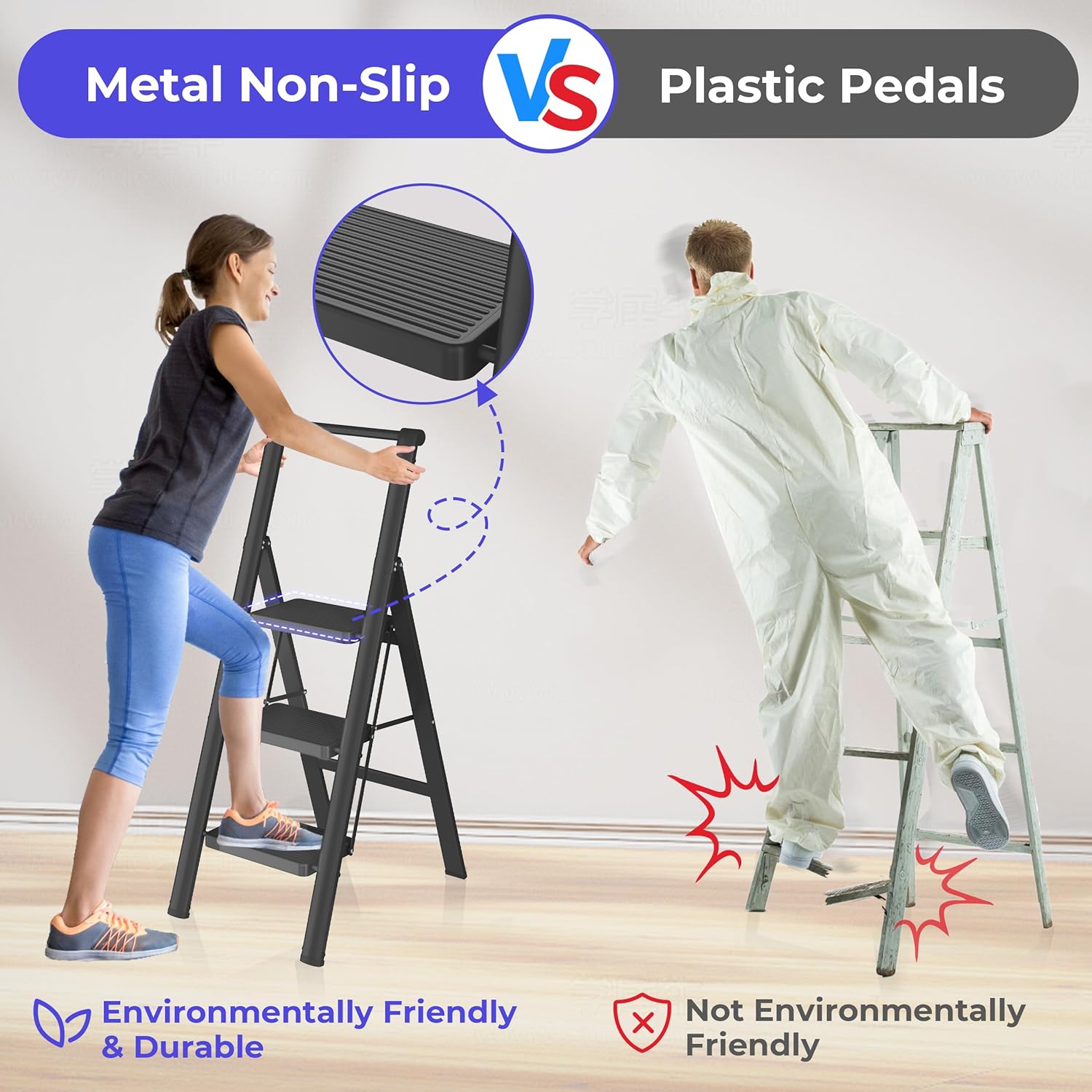 JOISCOPE Escalera de 4 escalones, taburetes plegables para adultos con pedal antideslizante ancho, escalera de acero ligera y resistente de 600