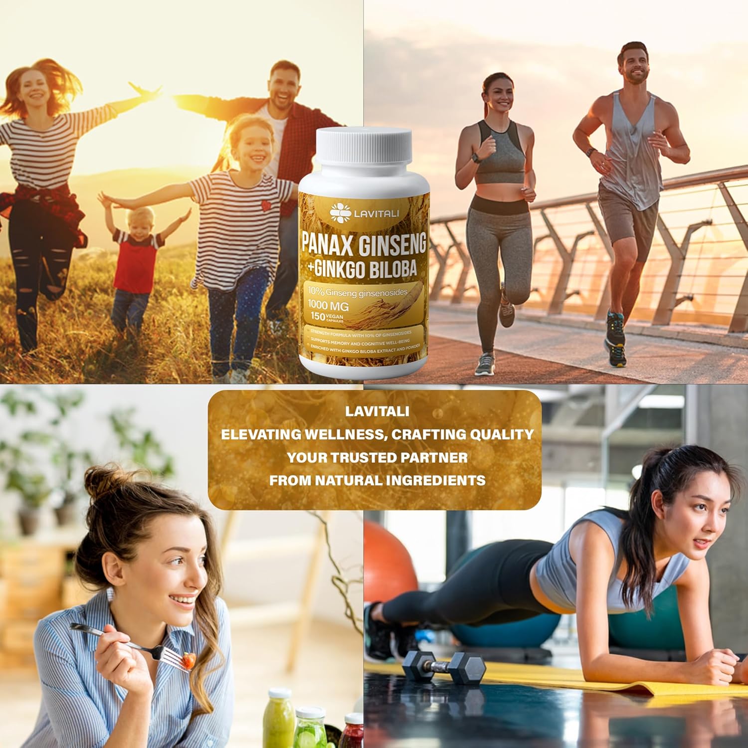 Ginseng & Ginkgo Biloba 150 cápsulas vegetales, polvo de extracto de raíz de ginseng energético, con extracto de ginkgo biloba, 100% natural y sin