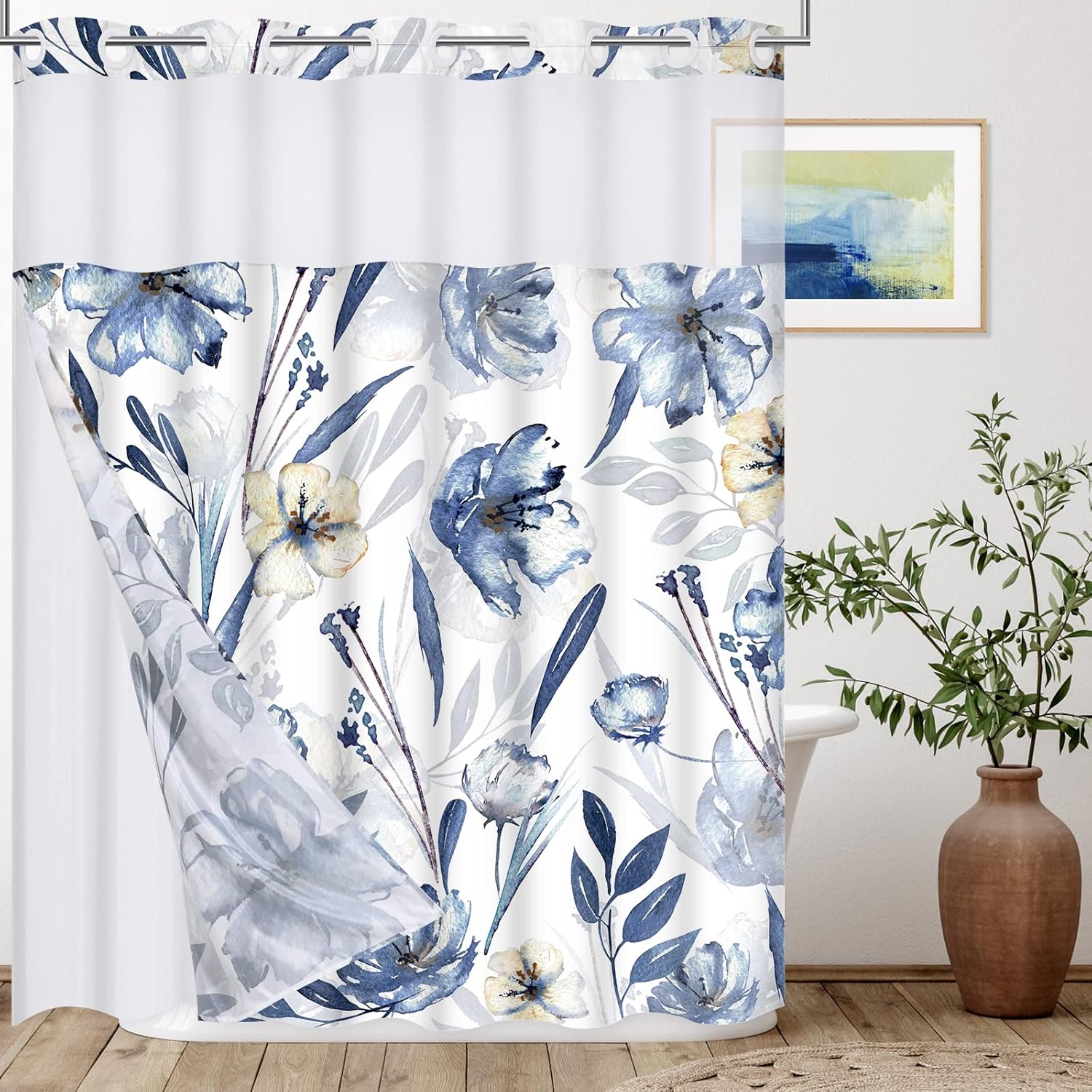 Alishomtll Juego de cortina de ducha sin gancho con forro a presión, cortina de ducha floral azul de grado hotel con ventana superior transparente,