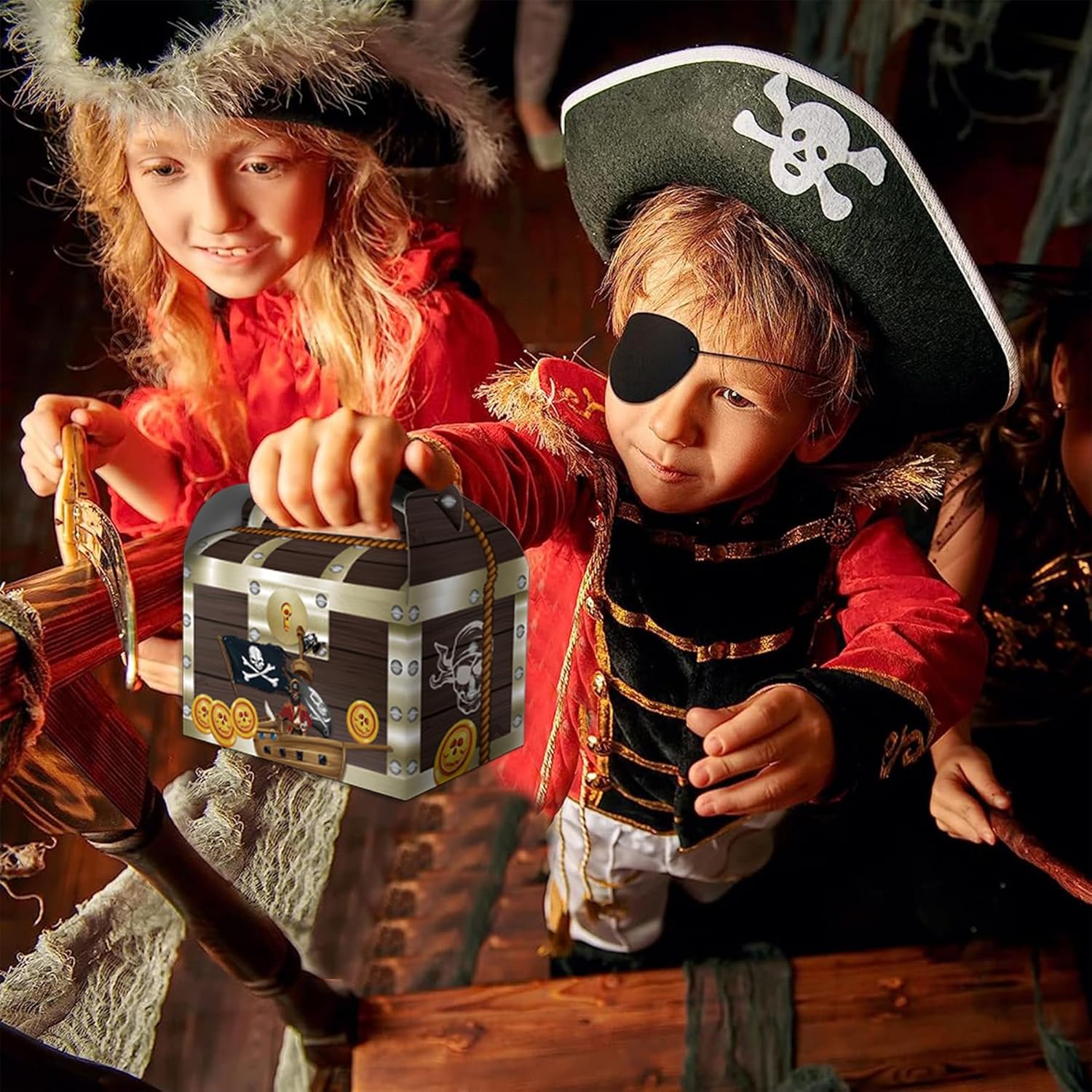Cajas de tesoros para Halloween, cajas de cartón del tesoro pirata, cajas de golosinas para el juego de caza del tesoro, fiesta temática pirata