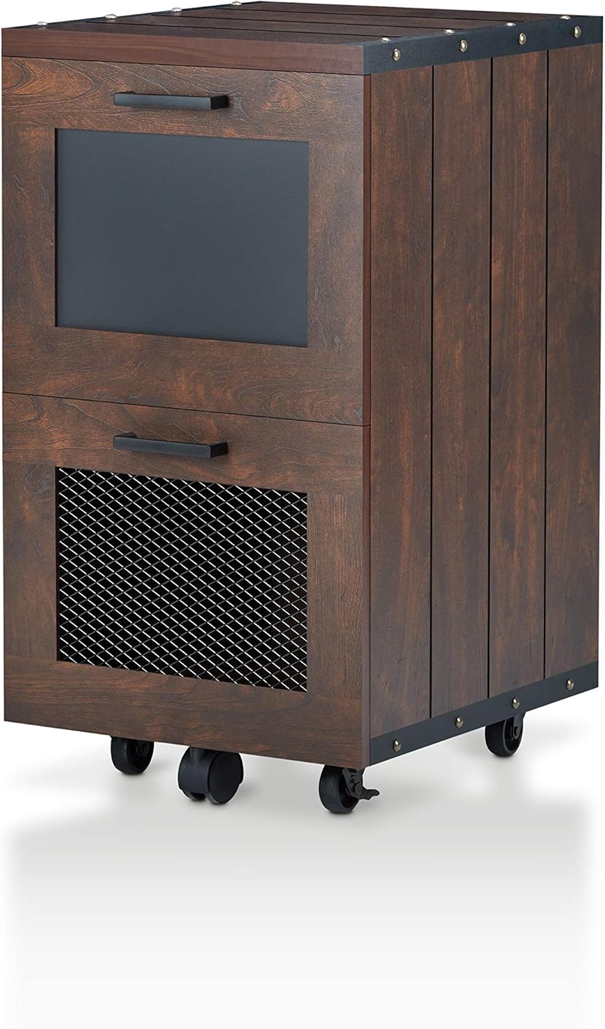 Acosta Industrial dos cajones con detalles de cabeza de clavo, paneles laterales estilo tablón, gabinete de archivo con base de rueda giratoria,