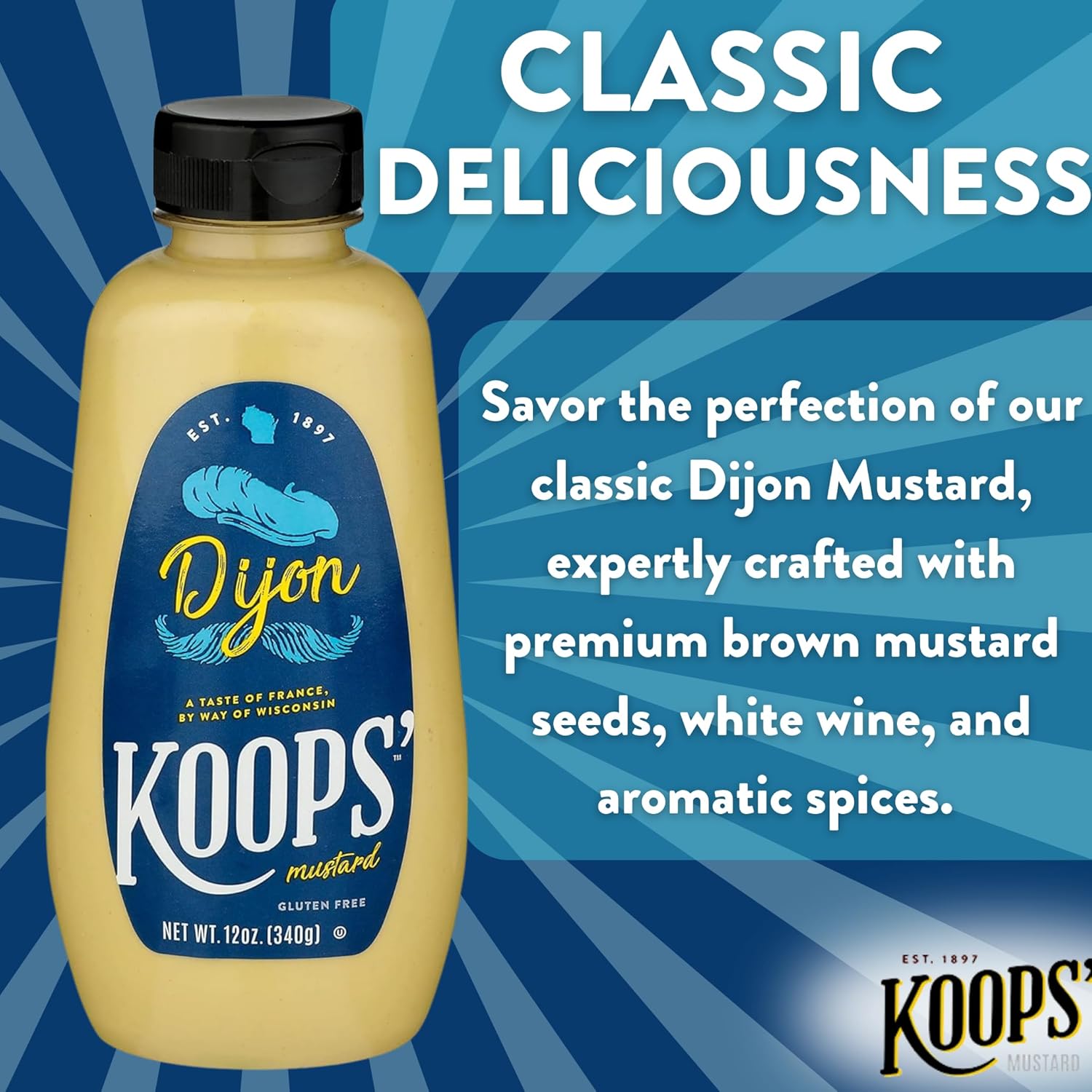 Koops’ Mostaza Dijon – Mostaza francesa, sin gluten, kosher, sin OMG, fabricada en los Estados Unidos, a partir de semillas de mostaza de calidad,