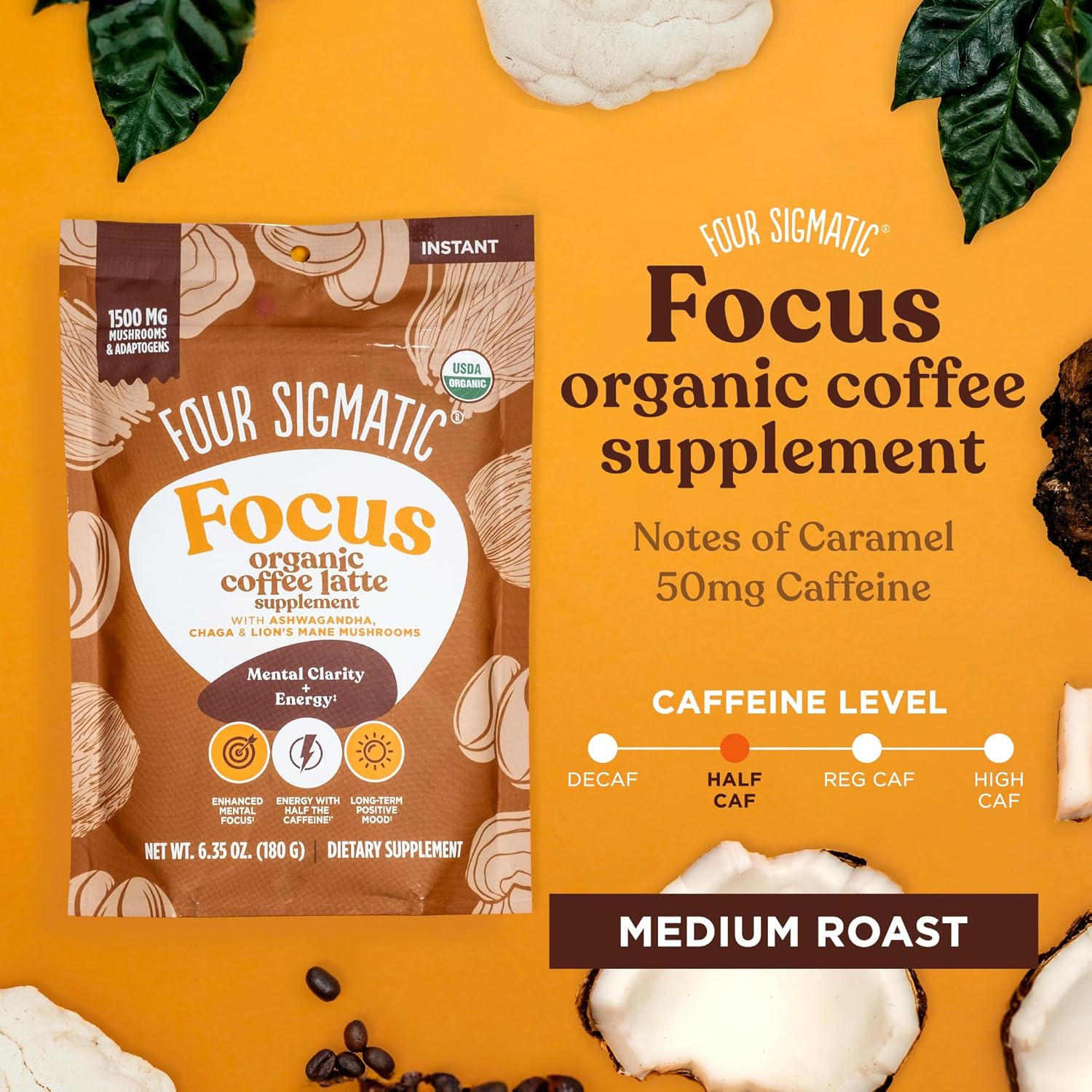 Focus Organic Mushroom Coffee Latte de Four Sigmatic  1500 mg de adaptógenos por porción  Melena de león, Chaga, Rhodiola, Ashwagandha y muuna para