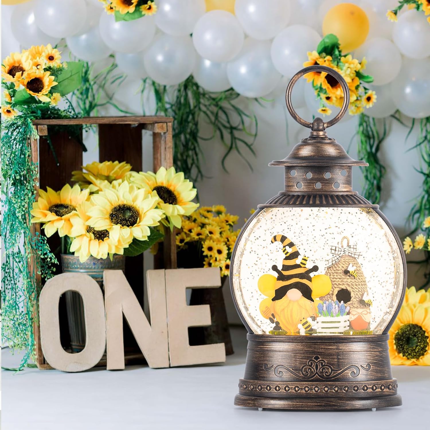 Gnomos de primavera, globo de nieve, gnomo de abeja de miel, decoración del Día Mundial de las Abejas, Temporizador de 6 horas, funciona con