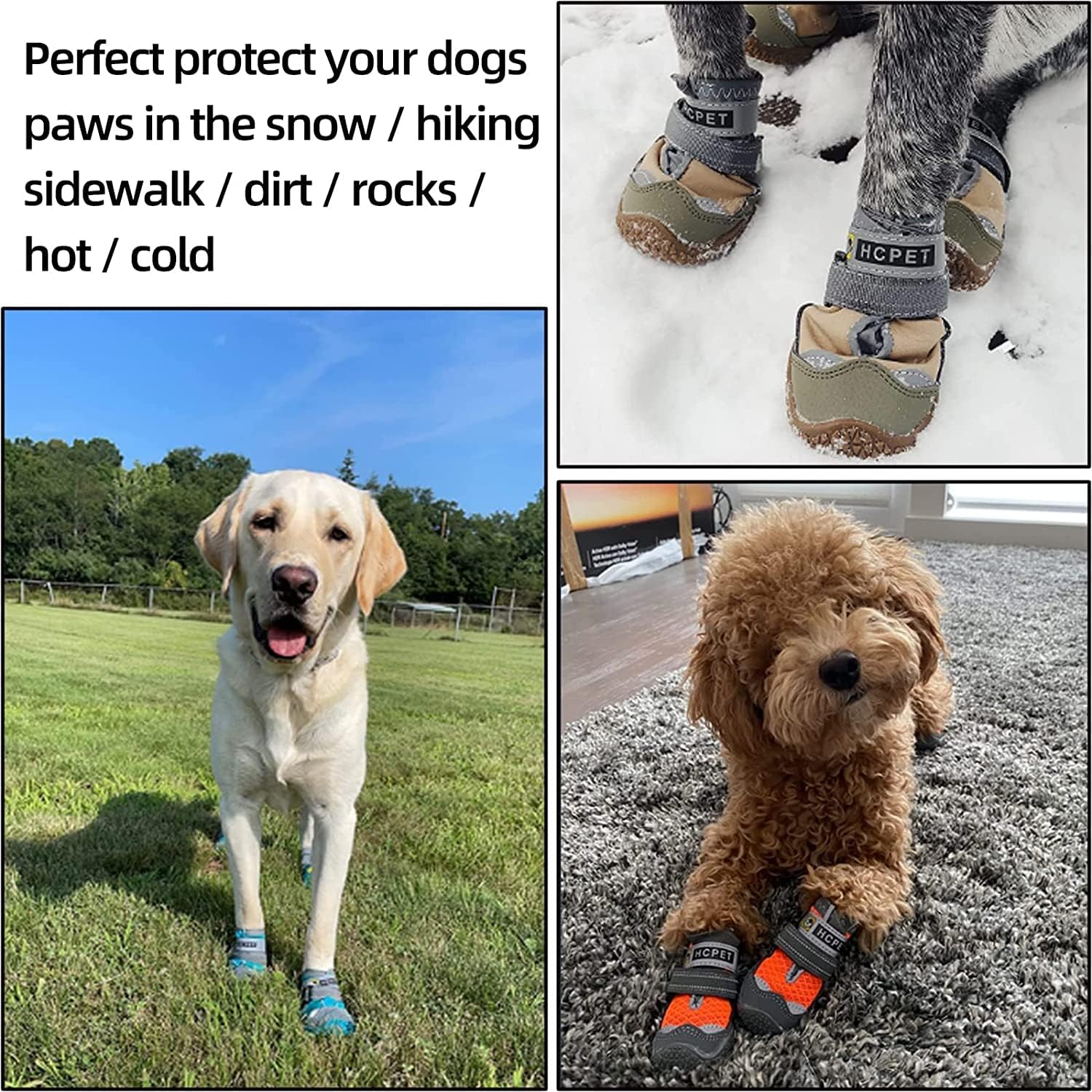 Hcpet – Botas de perro para mascotas, impermeables, transpirables, antideslizantes, 3M, con correa reflectante de tamaño pequeño a grande, 4 unidades