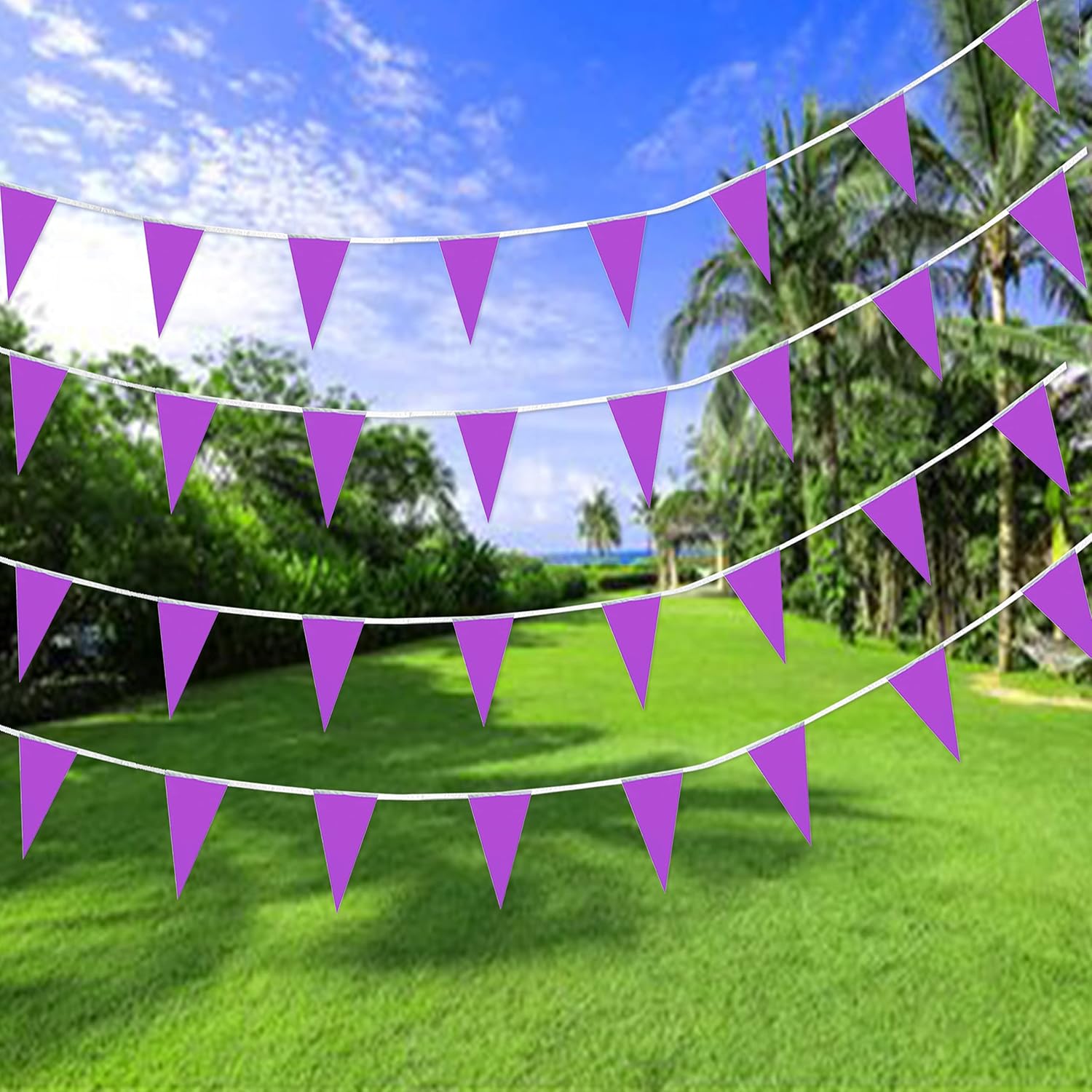 Banderines morados, banderines colgantes triangulares para gran apertura, cumpleaños de niños, decoraciones de fiesta, 100 pies