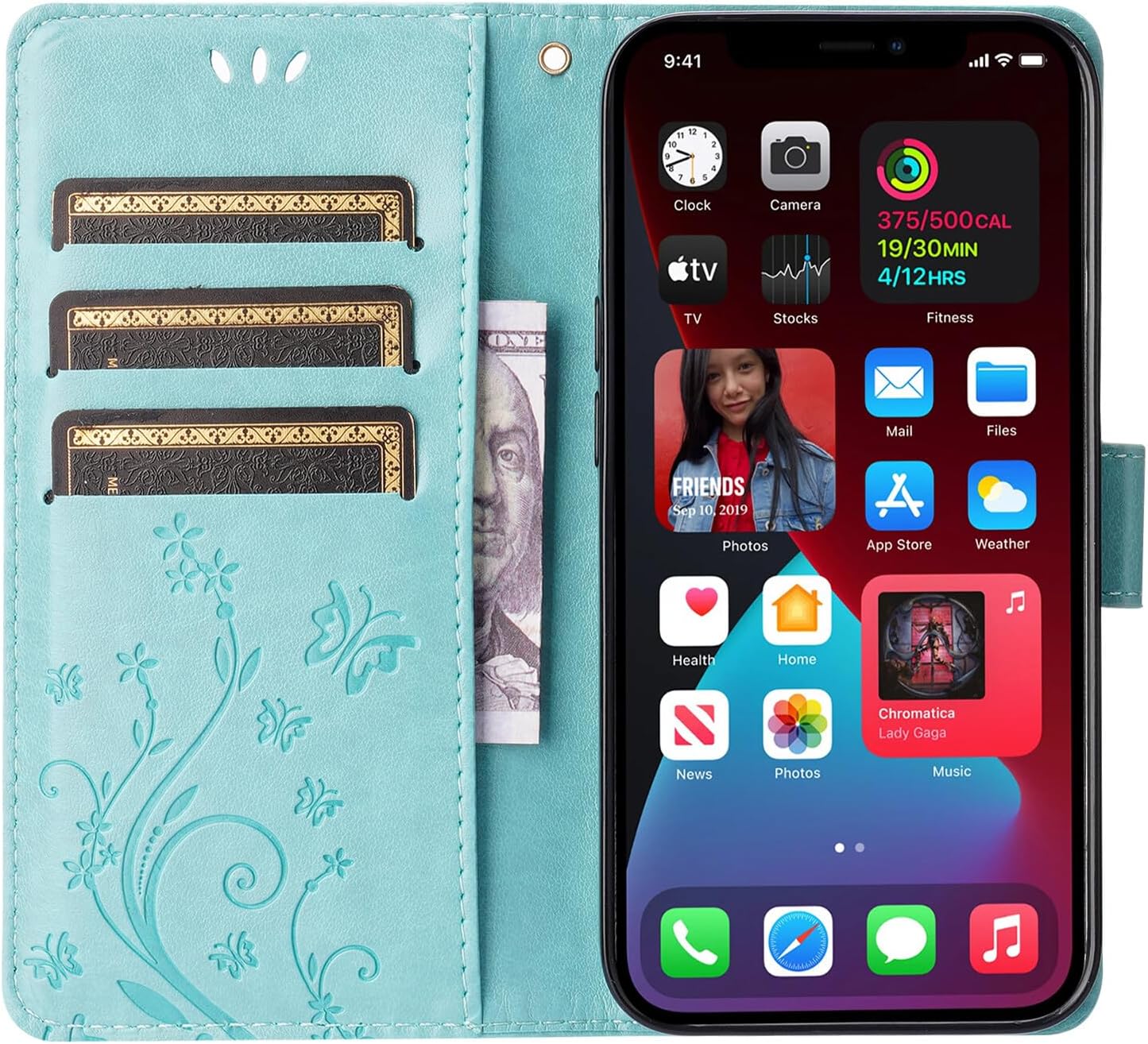 Funda tipo cartera compatible con iPhone 15 Pro, funda tipo cartera de piel sintética, funda de silicona con estampado floral de mariposa en