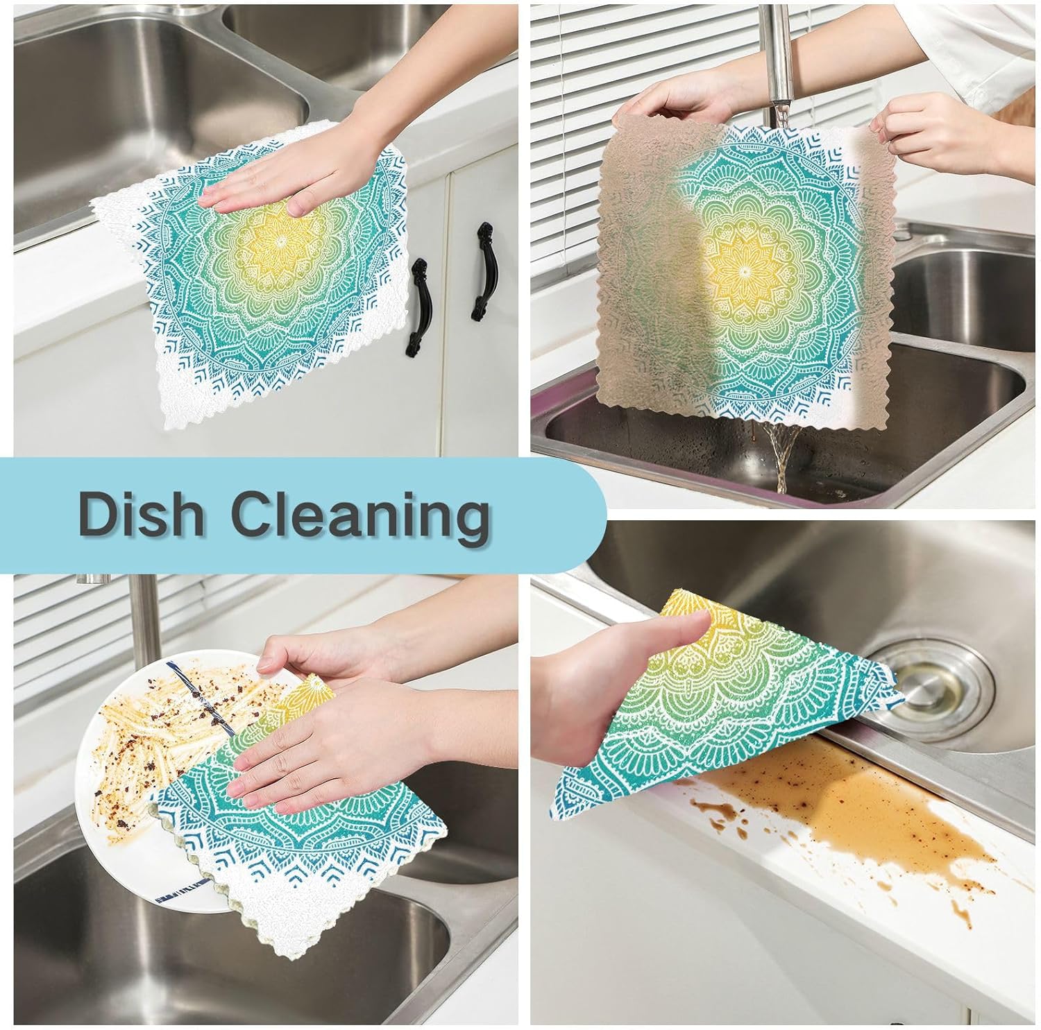 Mandala Floral Vintage 6 Pack Absorbent Kitchen Towels and Dishcloths Sets Microfiber Print Quality Kitchen Tea Towels for Restaurant Sink