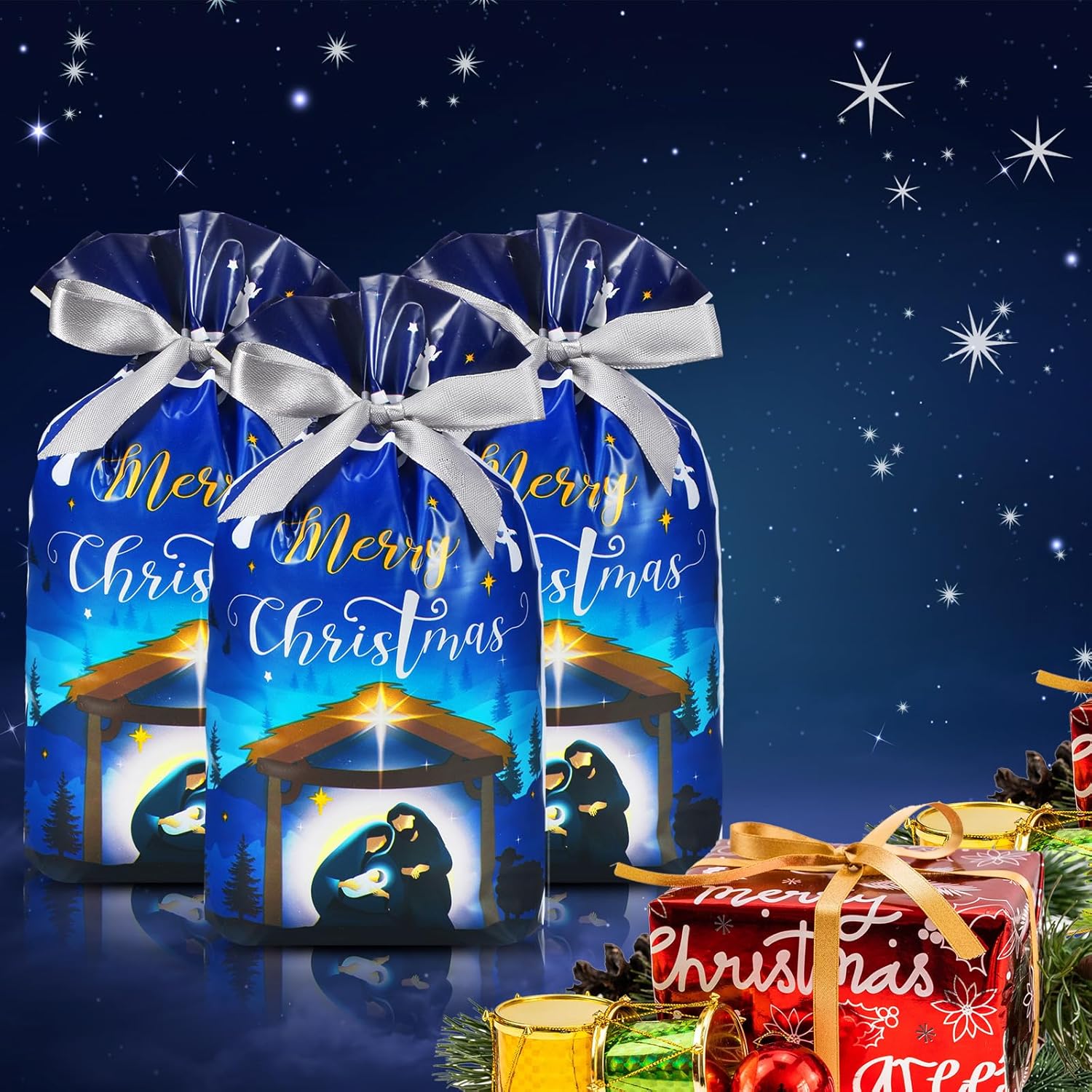 Funrous 50 bolsas de regalo de Navidad con cordón de Navidad, bolsas de plástico a granel religiosas con lazos, bolsas de regalo sagrado de Navidad