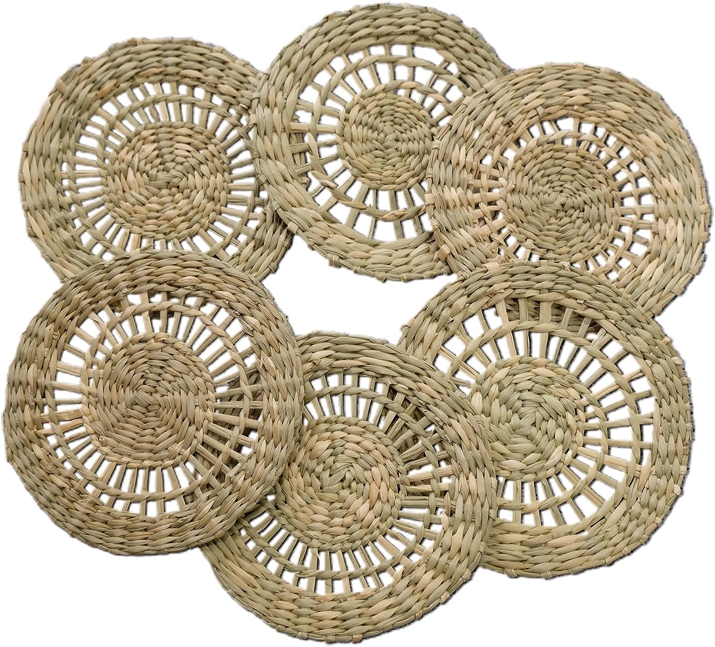 Juego de 6 posavasos de hierba marina con soporte, posavasos hechos a mano, posavasos de algas marinas tejidas naturales, posavasos de jacinto de
