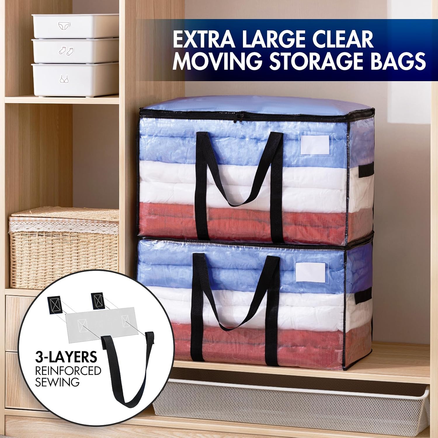 TAILI Bolsas de mudanza extra grandes, paquete de 4 bolsas transparentes resistentes para almacenamiento, asas envolventes, bolsas de almacenamiento