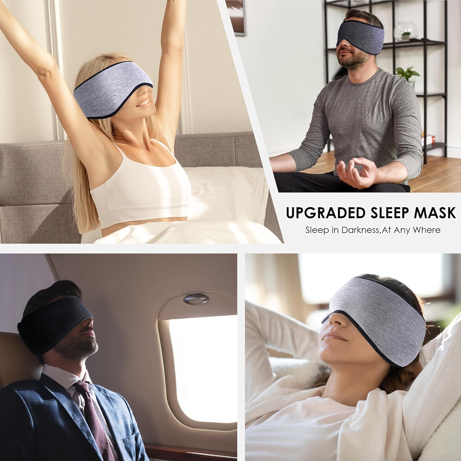 FRESHME Máscara de ojos negra para dormir con cubierta para las orejas  Bloquea la luz contorneada noche antifaz para dormir con cubierta para las
