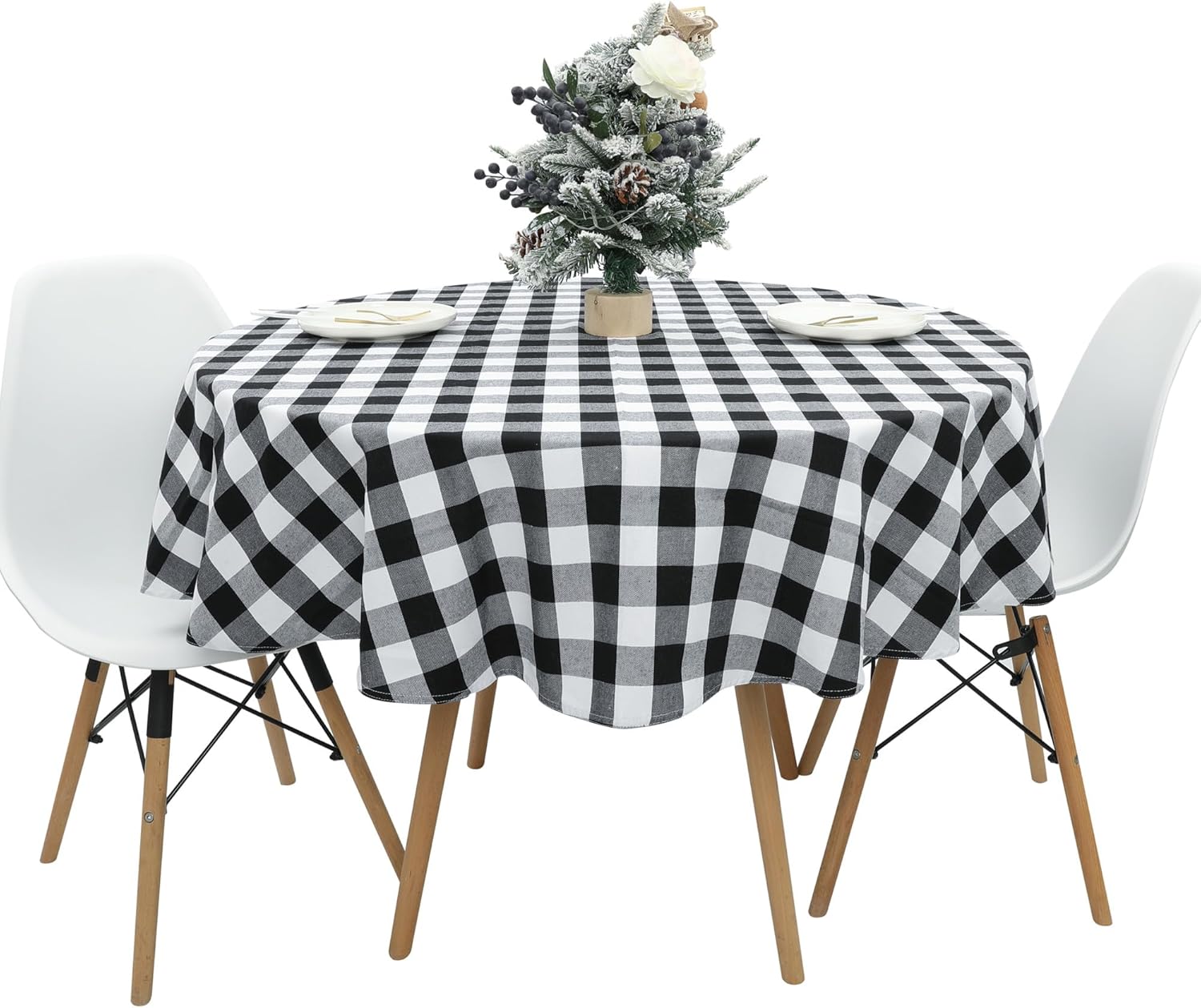 Mantel redondo a cuadros de búfalo de 60 pulgadas, color negro y blanco, mantel de tela de poliéster y algodón rústico para comedor, cocina, fiesta