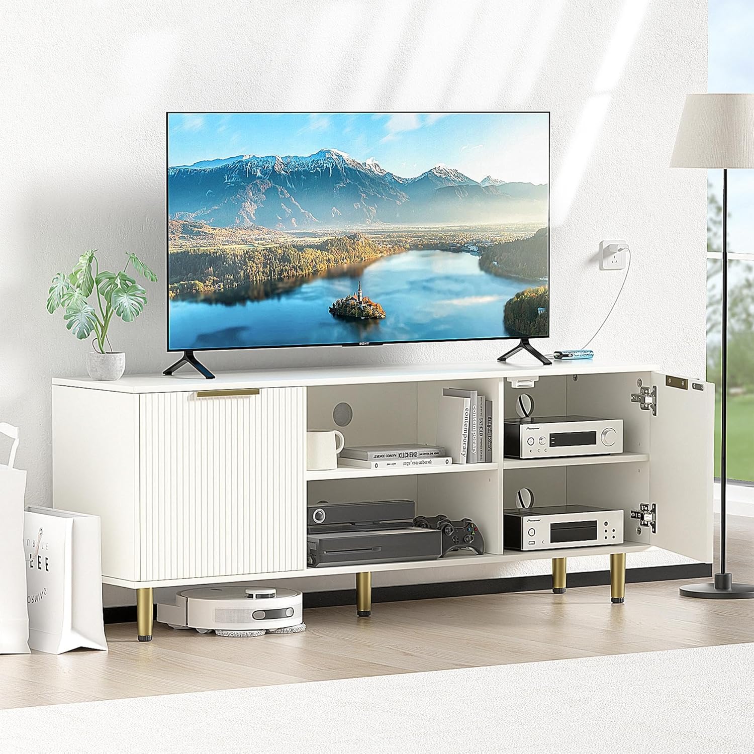 Soporte de TV para TV de más de 65 pulgadas, consola de TV moderna para sala de estar, dormitorio, centro de entretenimiento de madera con armarios