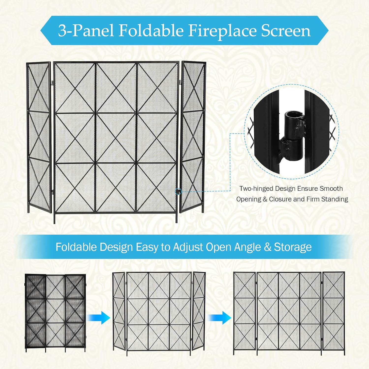 IRONWALLS Pantalla negra para chimenea, 41.7 pulgadas de largo x 31.5 pulgadas de alto, cubierta plana plegable de hierro con protección contra