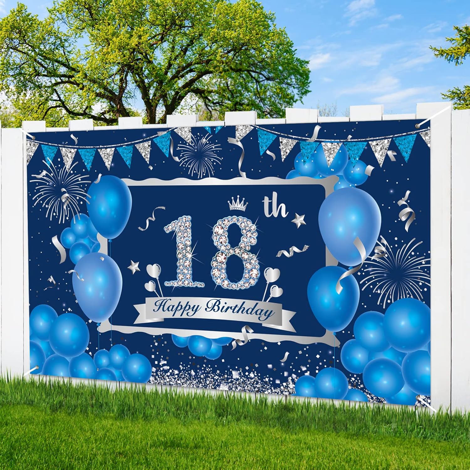 Cartel azul de decoración de cumpleaños número 18 para niños y niñas, telón de fondo azul marino y plateado de feliz cumpleaños 18, suministros de