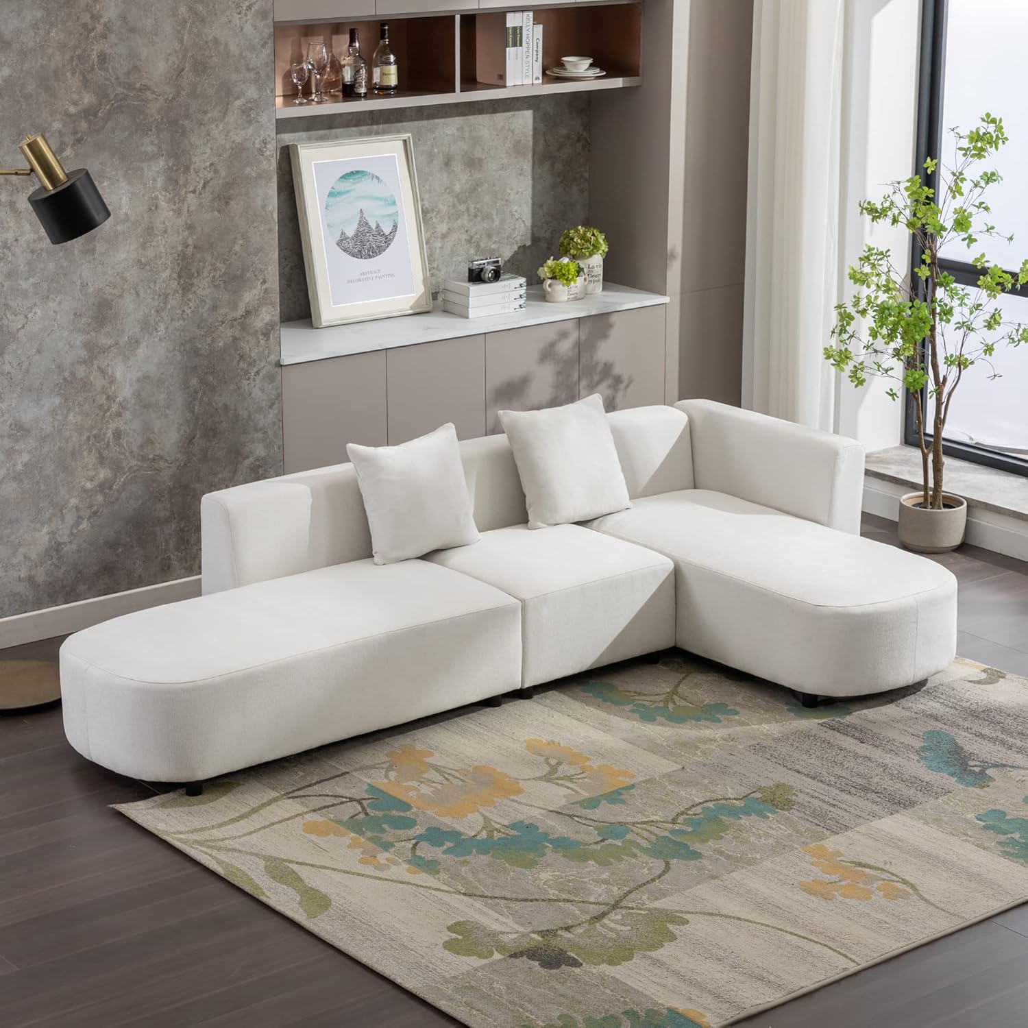 Sofá de estilo moderno de 110.2 pulgadas, sofá de lujo, tapizado otomano curvado de 4 asientos, sofá de felpilla orientado a la derecha para