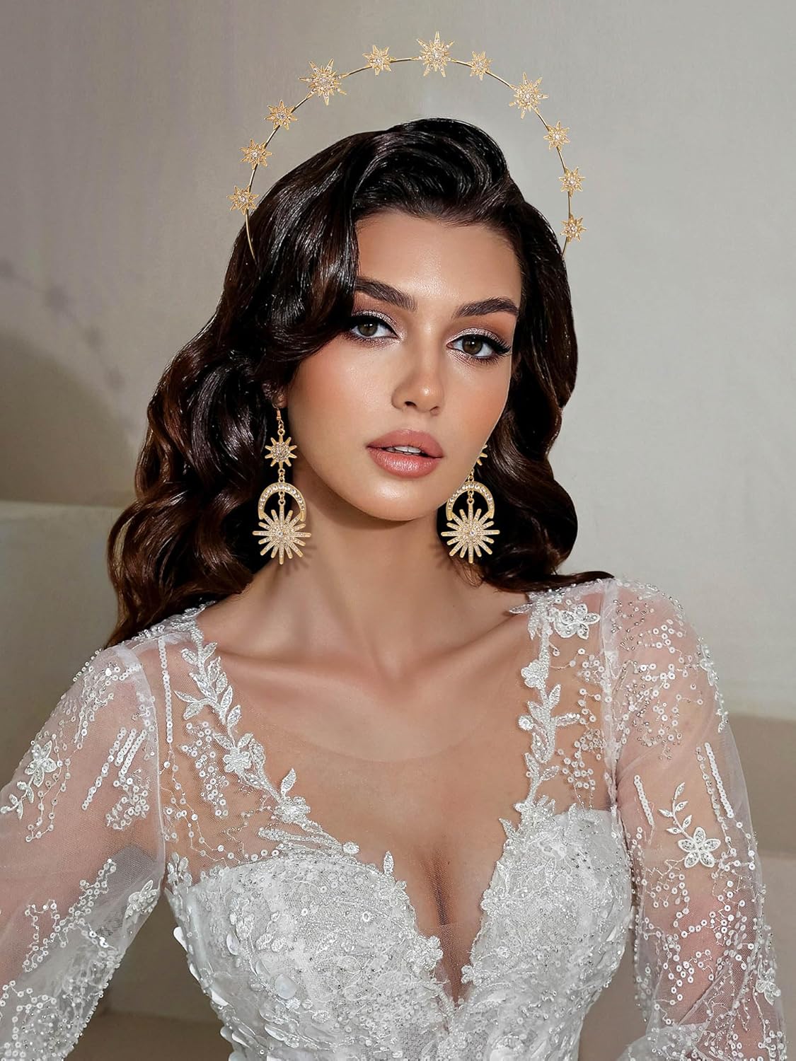 SWEETV Juego de coronas doradas con halo para mujer, tiara de estrella y aretes colgantes, diadema de boda, diadema de diosa para cosplay, disfraz