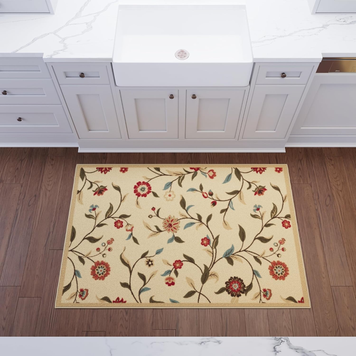 Ottomanson Ottohome Collection – Alfombra antideslizante de goma con diseño de hojas florales de 3 x 5 pies, 3 pies 3 pulgadas x 5 pies, color beige