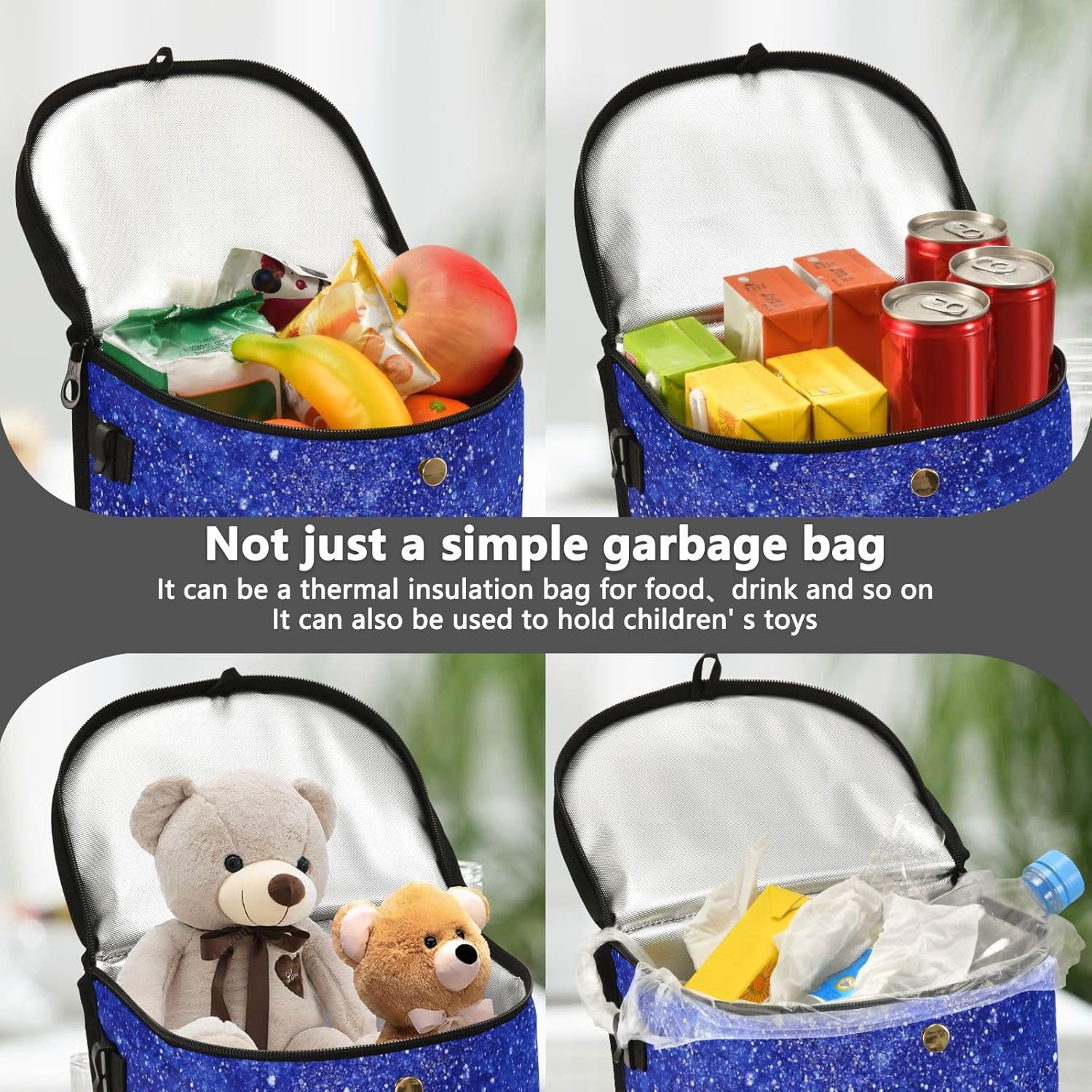 Kigai Basurero impermeable para automóvil con tapa, cubo de basura azul con purpurina con correa ajustable, organizador multiusos para auto y bolsa