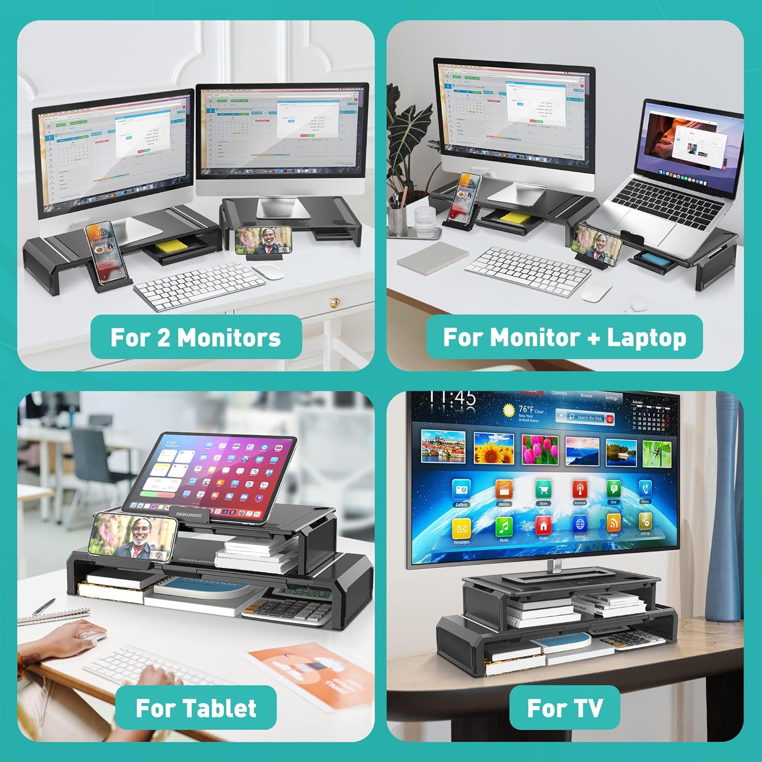 Soporte elevador doble para monitor de computadora con cajón para teléfono, elevador plegable ajustable para monitor de PC para escritorio,