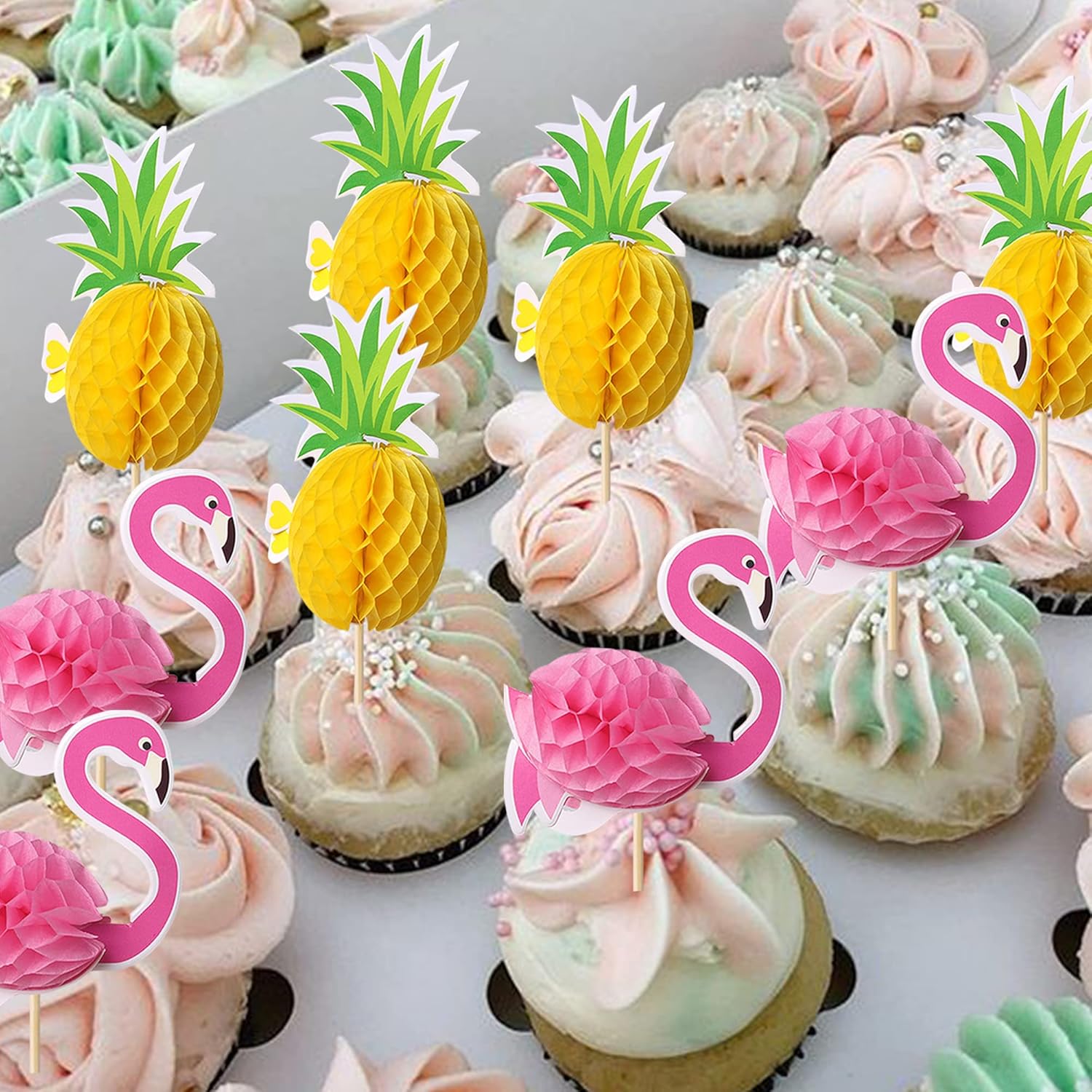 48 piezas 3D de flamenco para cupcakes para cóctel, tropical, Aloha Luau, piña, verano, hawaiano, playa, cupcakes, decoración para baby shower,