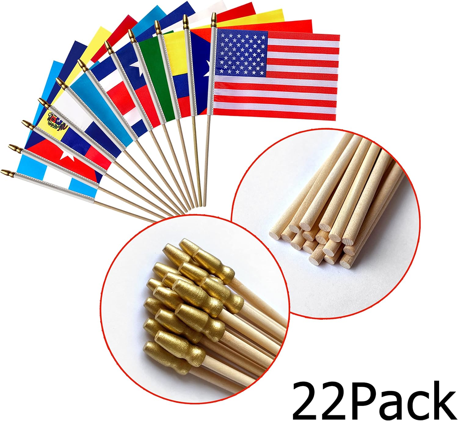 Banderas de habla hispana de 22 países en palo de madera, pequeñas mini banderas latinoamericanas de mano para decoraciones del mes hispano, 5 x 8